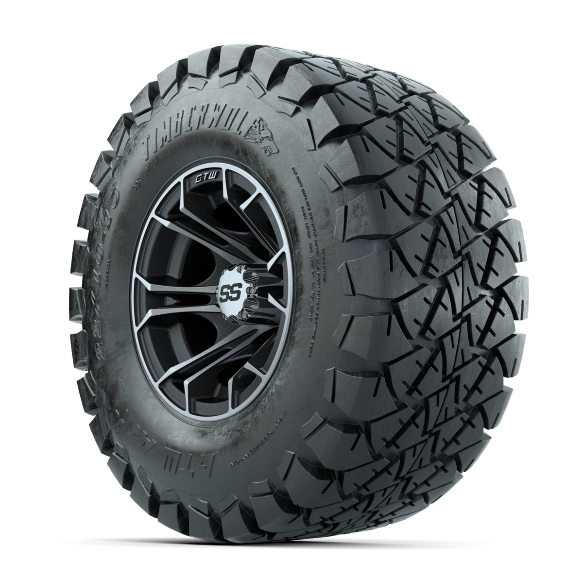 GTW Spyder Machined/Matte Grey 10 in Wheels with 22x10-10 Timberwolf All Terrain Tires Full Set