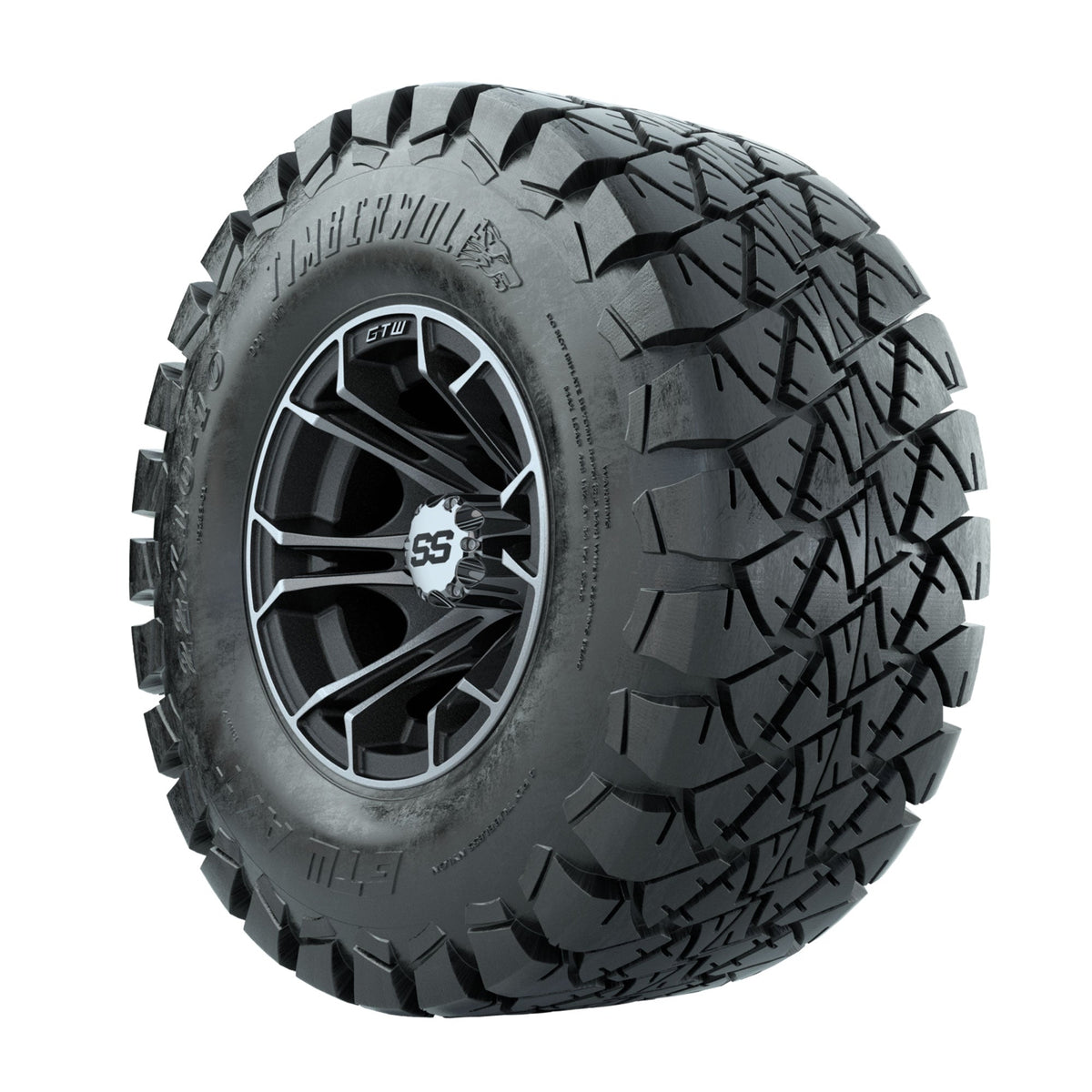GTW Spyder Machined/Matte Grey 10 in Wheels with 22x10-10 Timberwolf All Terrain Tires Full Set