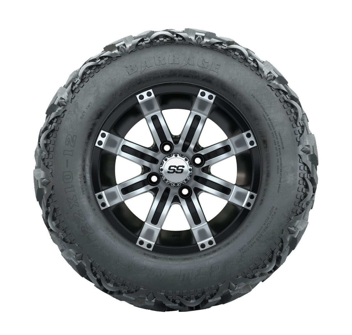 12" GTW Tempest Black and Machined Wheels with 23" Barrage Mud Tires Set of 4