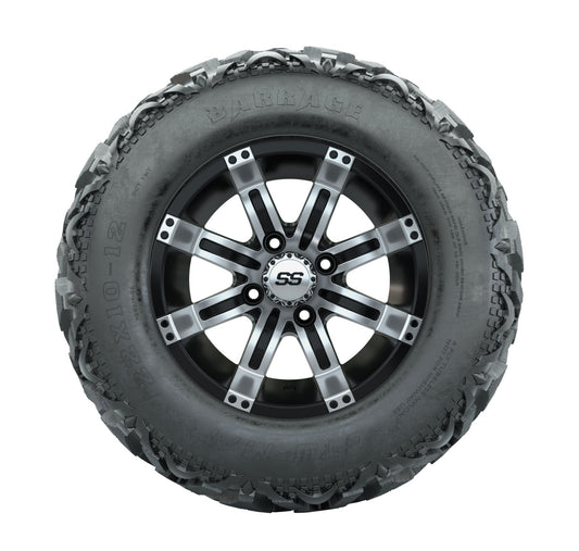 12" GTW Tempest Black and Machined Wheels with 23" Barrage Mud Tires Set of 4