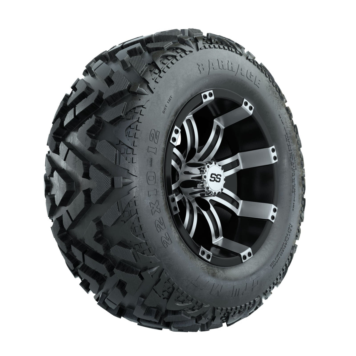 12" GTW Tempest Black and Machined Wheels with 23" Barrage Mud Tires Set of 4