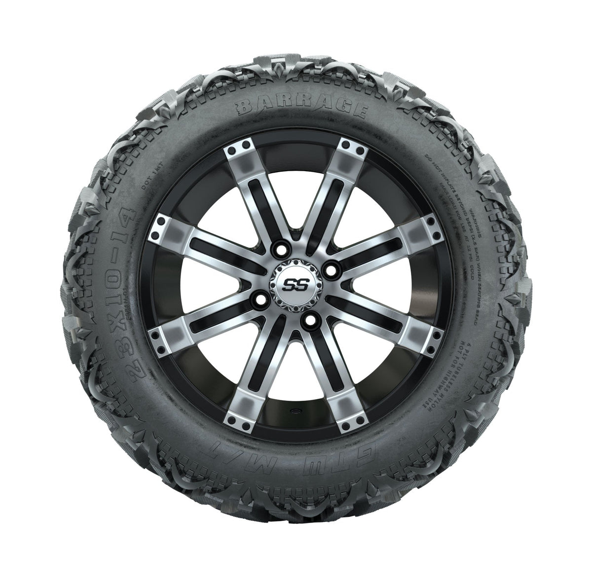14" GTW Tempest Black and Machined Wheels with 23" Barrage Mud Tires Set of 4