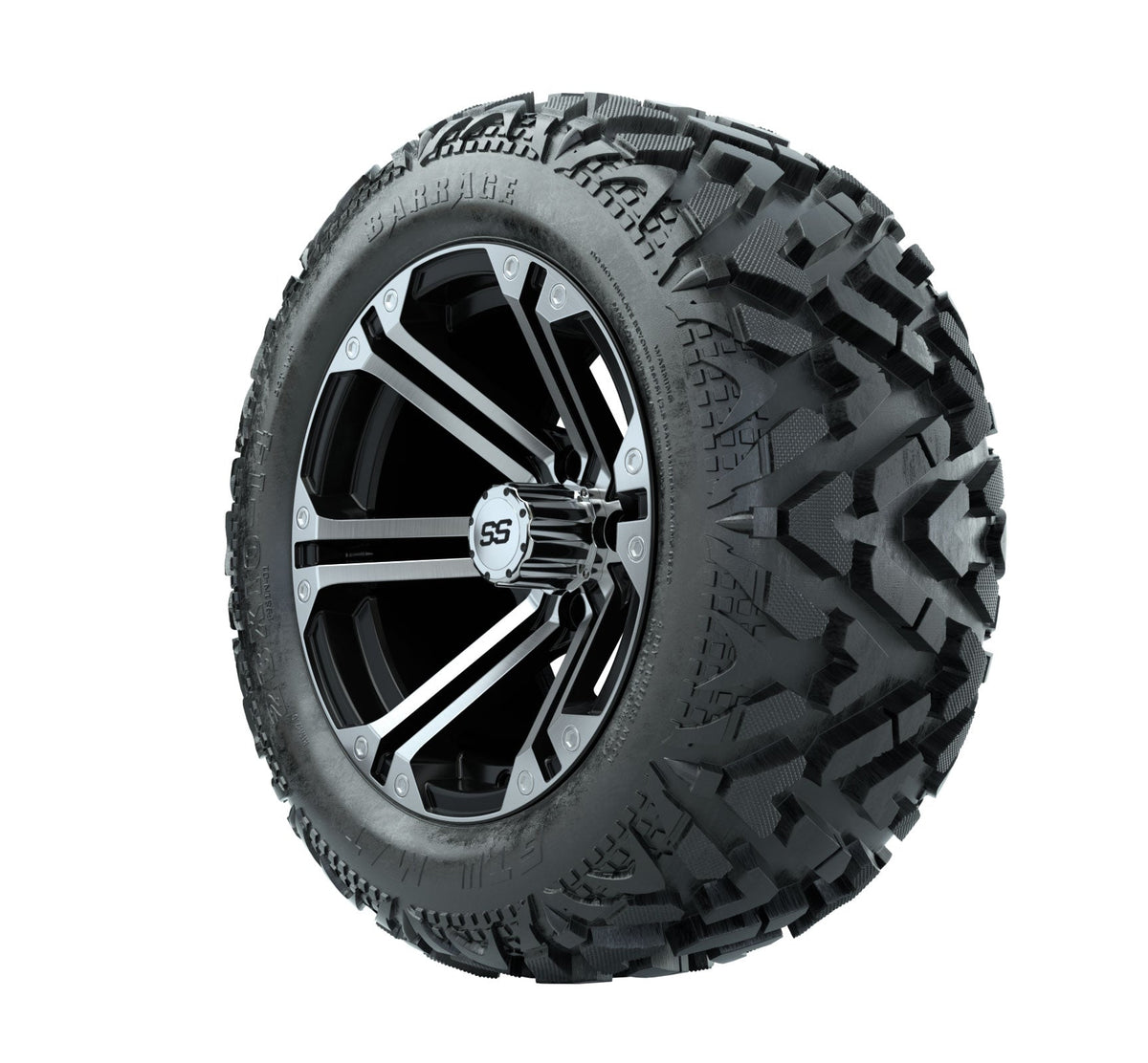 14" GTW Specter Black and Machined Wheels with 23" Barrage Mud Tires Set of 4