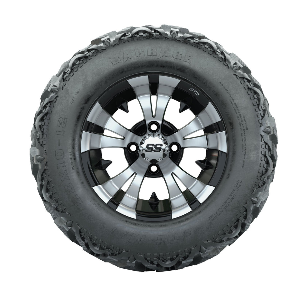 12" GTW Vampire Black and Machined Wheels with 23" Barrage Mud Tires Set of 4
