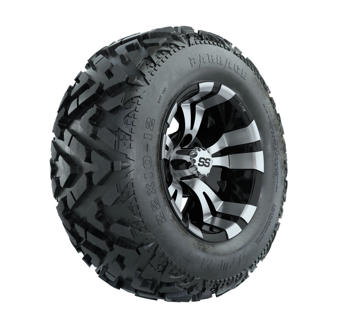 12" GTW Vampire Black and Machined Wheels with 23" Barrage Mud Tires Set of 4