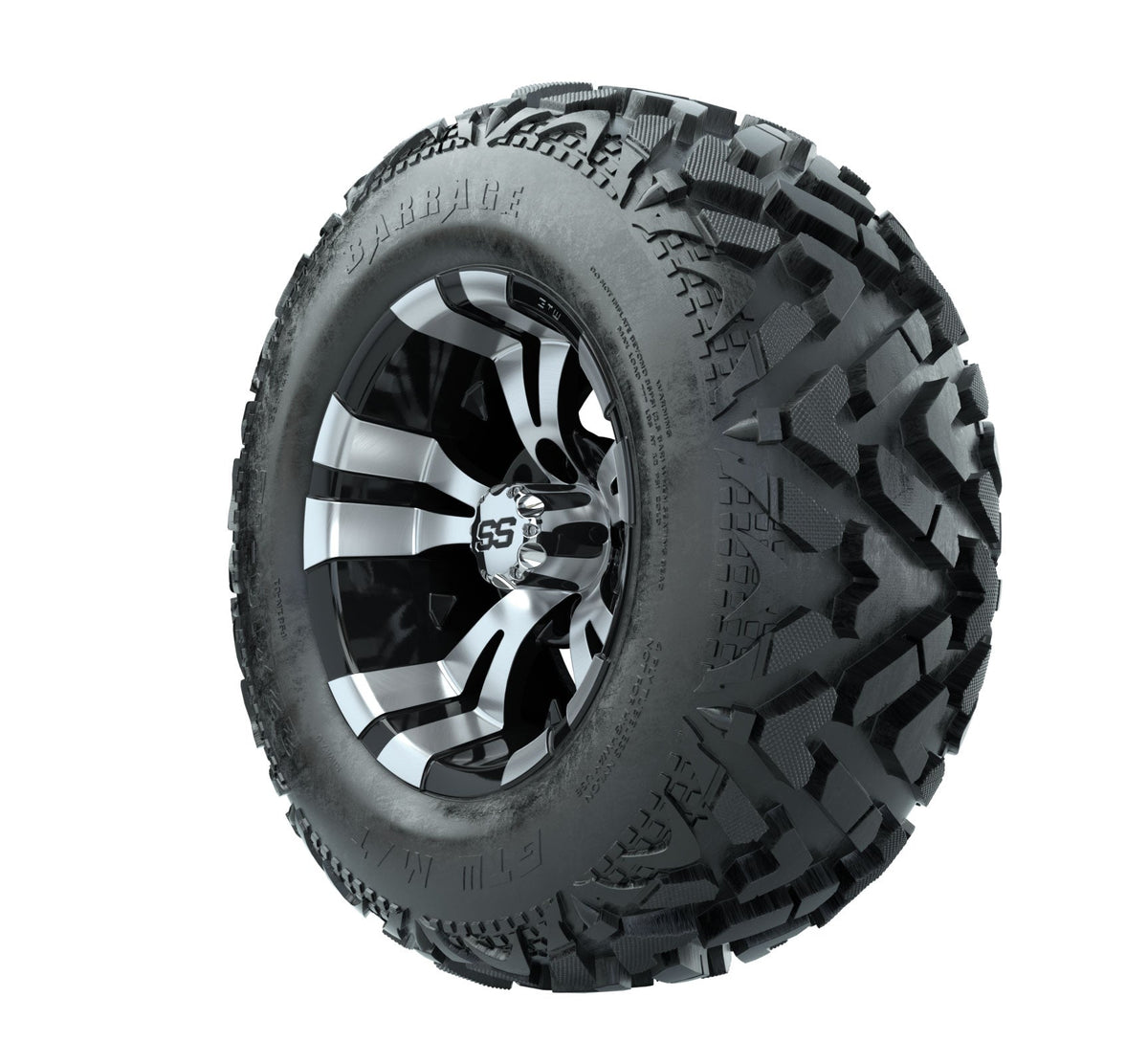 12" GTW Vampire Black and Machined Wheels with 23" Barrage Mud Tires Set of 4