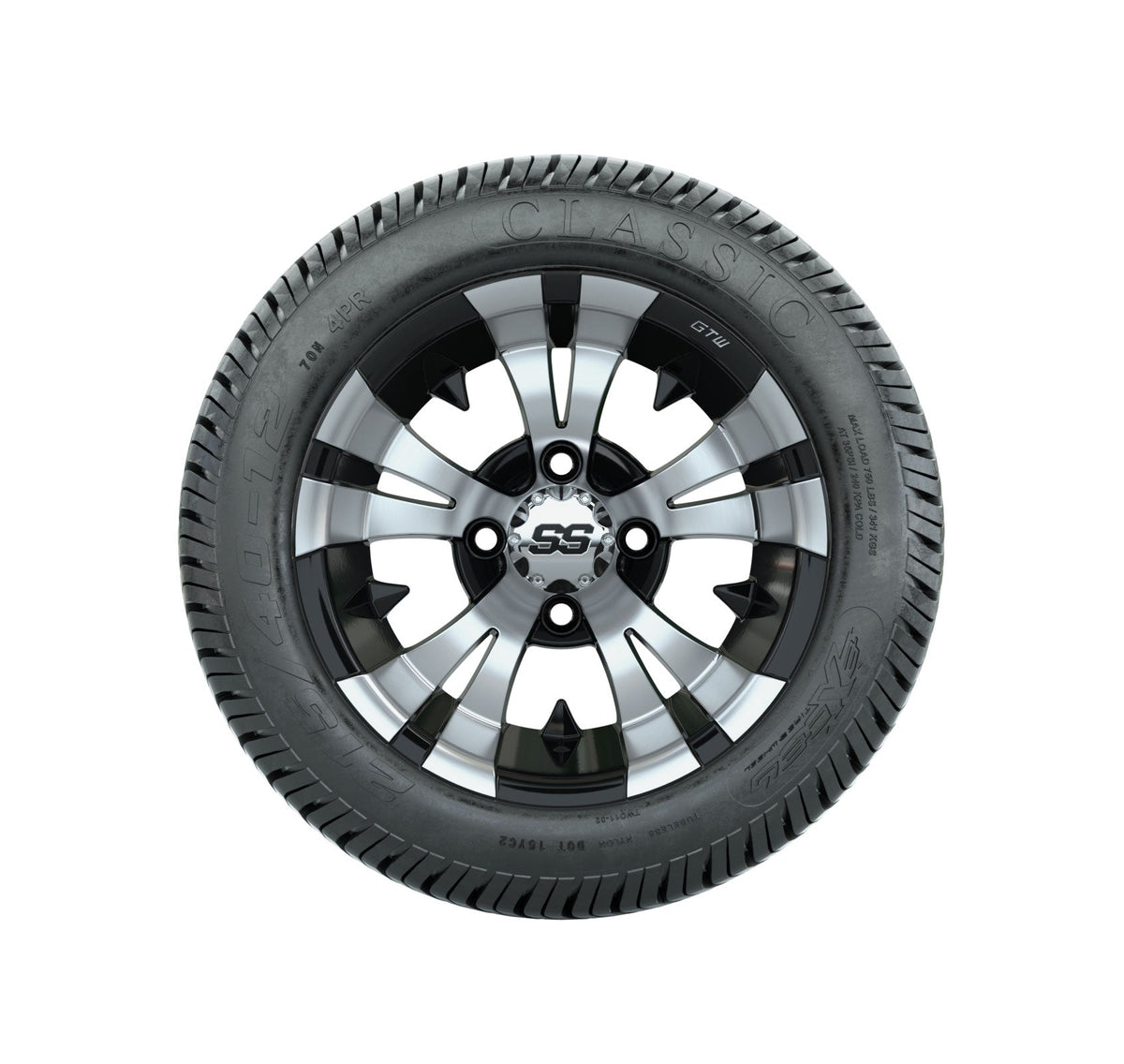 12" GTW Vampire Black and Machined Wheels with Excel Lo-Pro Street Tires Set of 4