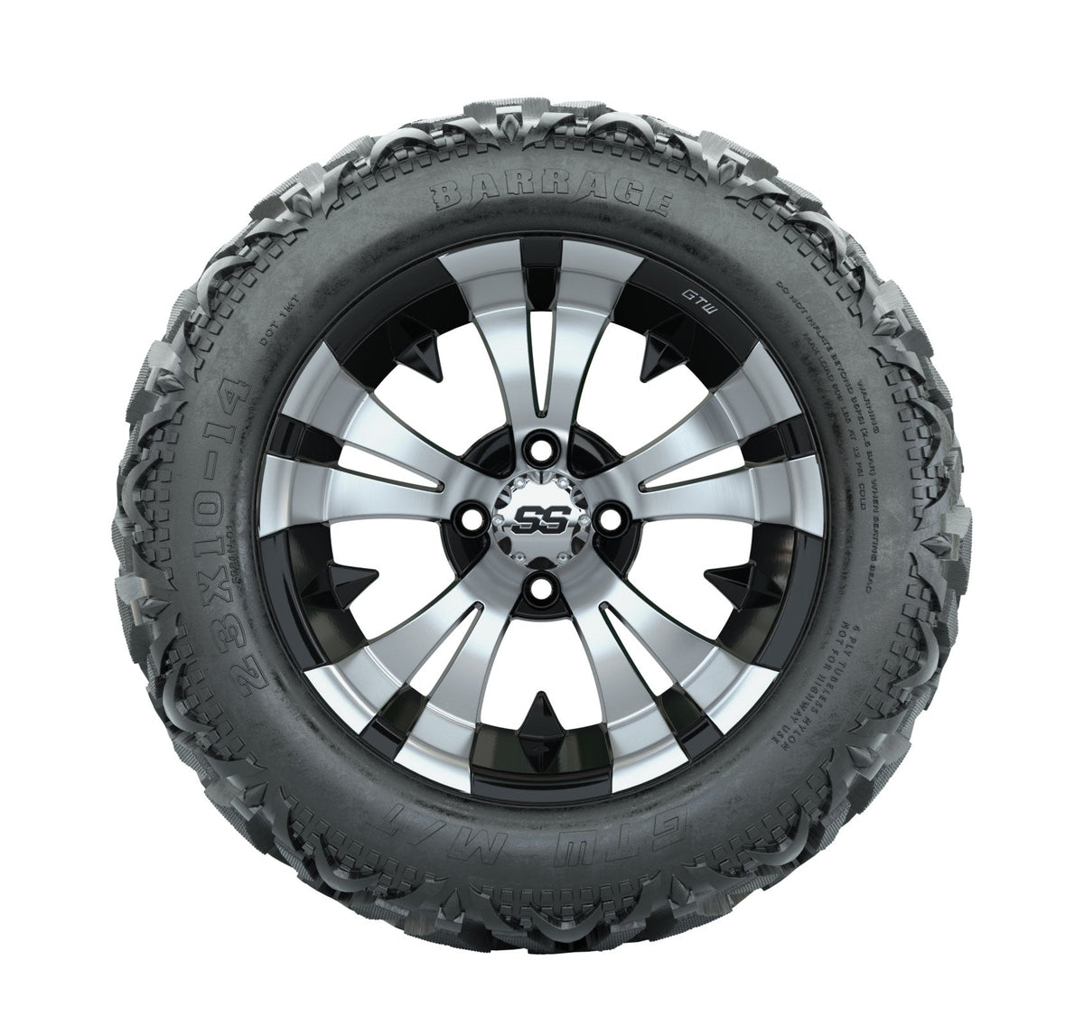 14" GTW Vampire Black and Machined Wheels with 23" Barrage Mud Tires Set of 4