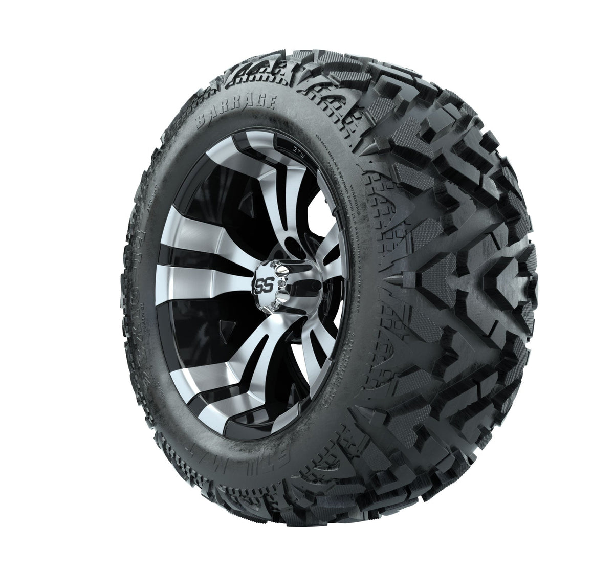 14" GTW Vampire Black and Machined Wheels with 23" Barrage Mud Tires Set of 4