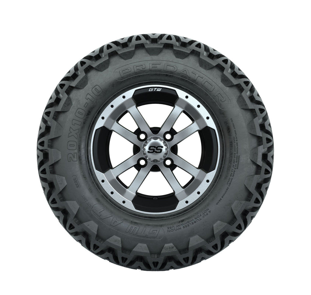 Set of 4 GTW 10in Storm Trooper Black and Machined Wheels with 20in Predator A-T Tires