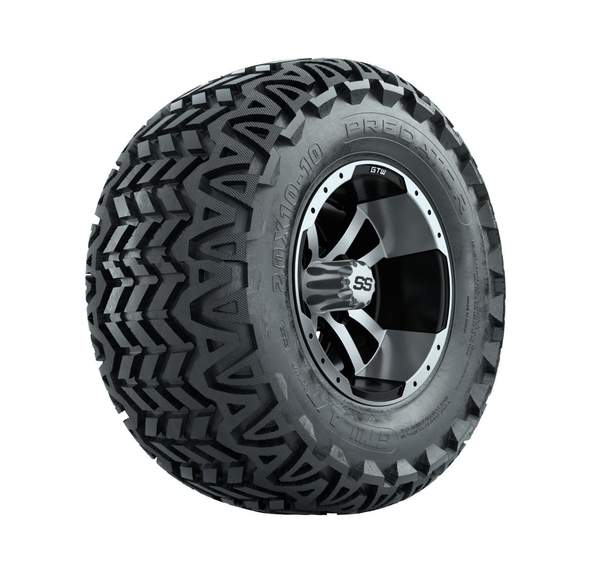 Set of 4 GTW 10in Storm Trooper Black and Machined Wheels with 20in Predator A-T Tires