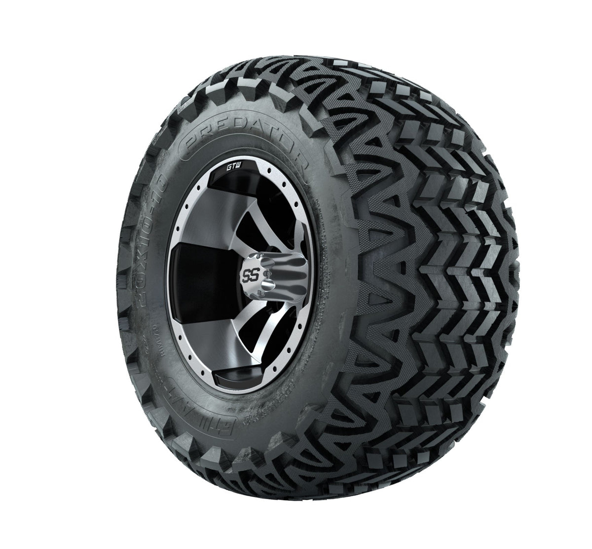 Set of 4 GTW 10in Storm Trooper Black and Machined Wheels with 20in Predator A-T Tires