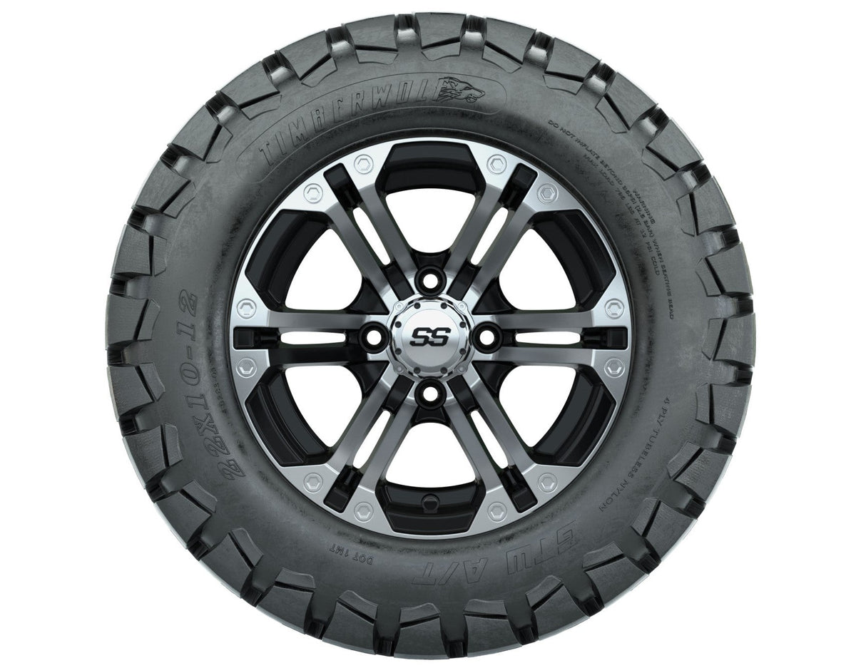 GTW Specter 12" Black/Machined Golf Cart Wheels & 22" Timberwolf Trail Tires – Set of 4