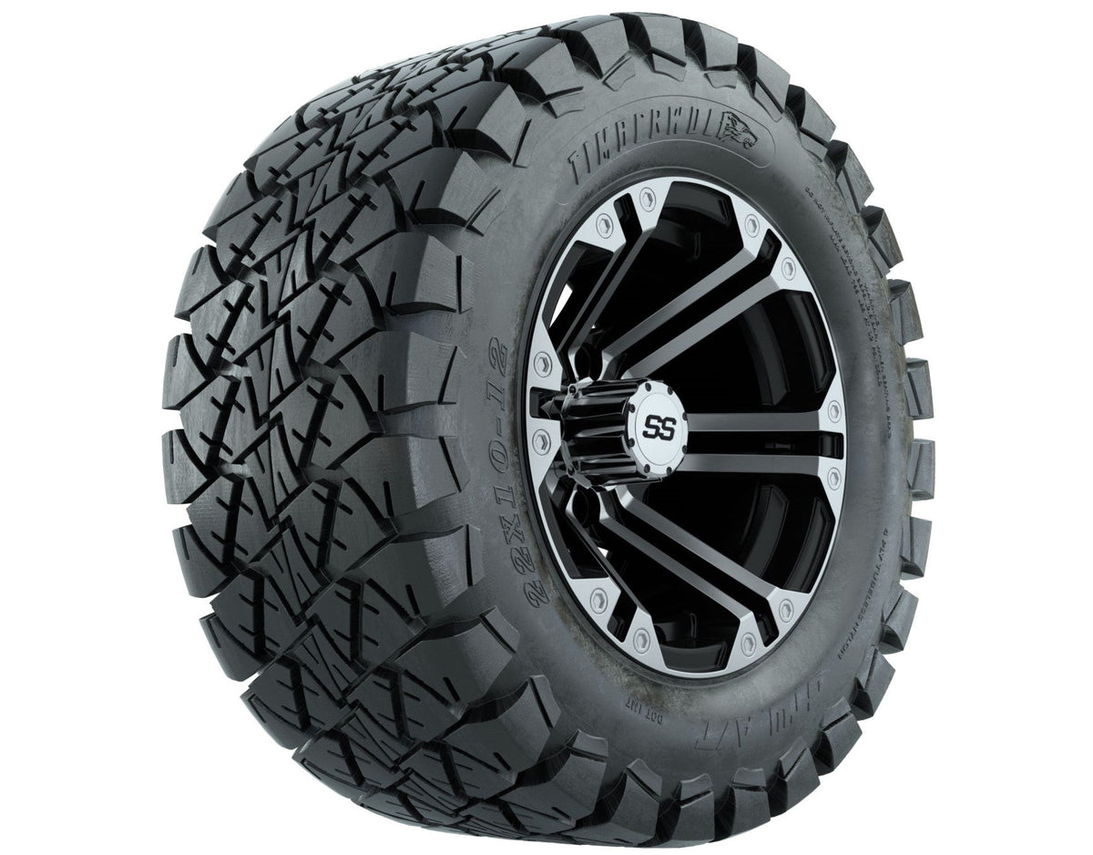 GTW Specter 12" Black/Machined Golf Cart Wheels & 22" Timberwolf Trail Tires – Set of 4