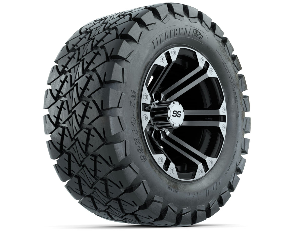 GTW Specter 12" Black/Machined Golf Cart Wheels & 22" Timberwolf Trail Tires – Set of 4