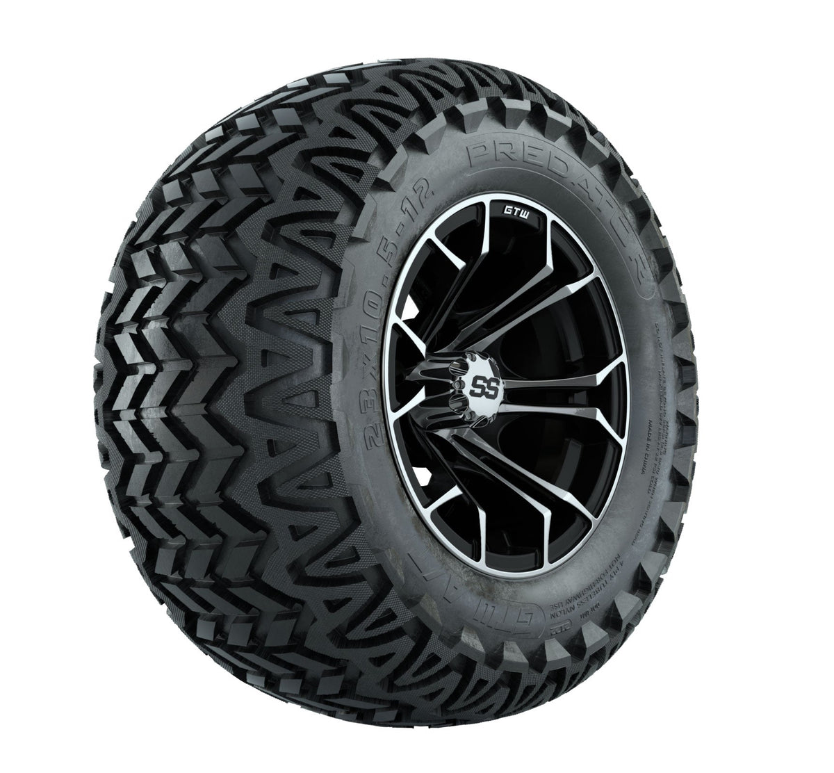 GTW Spyder 12" Black & Machined Wheels with 23" Predator A/T Tires — Set of 4