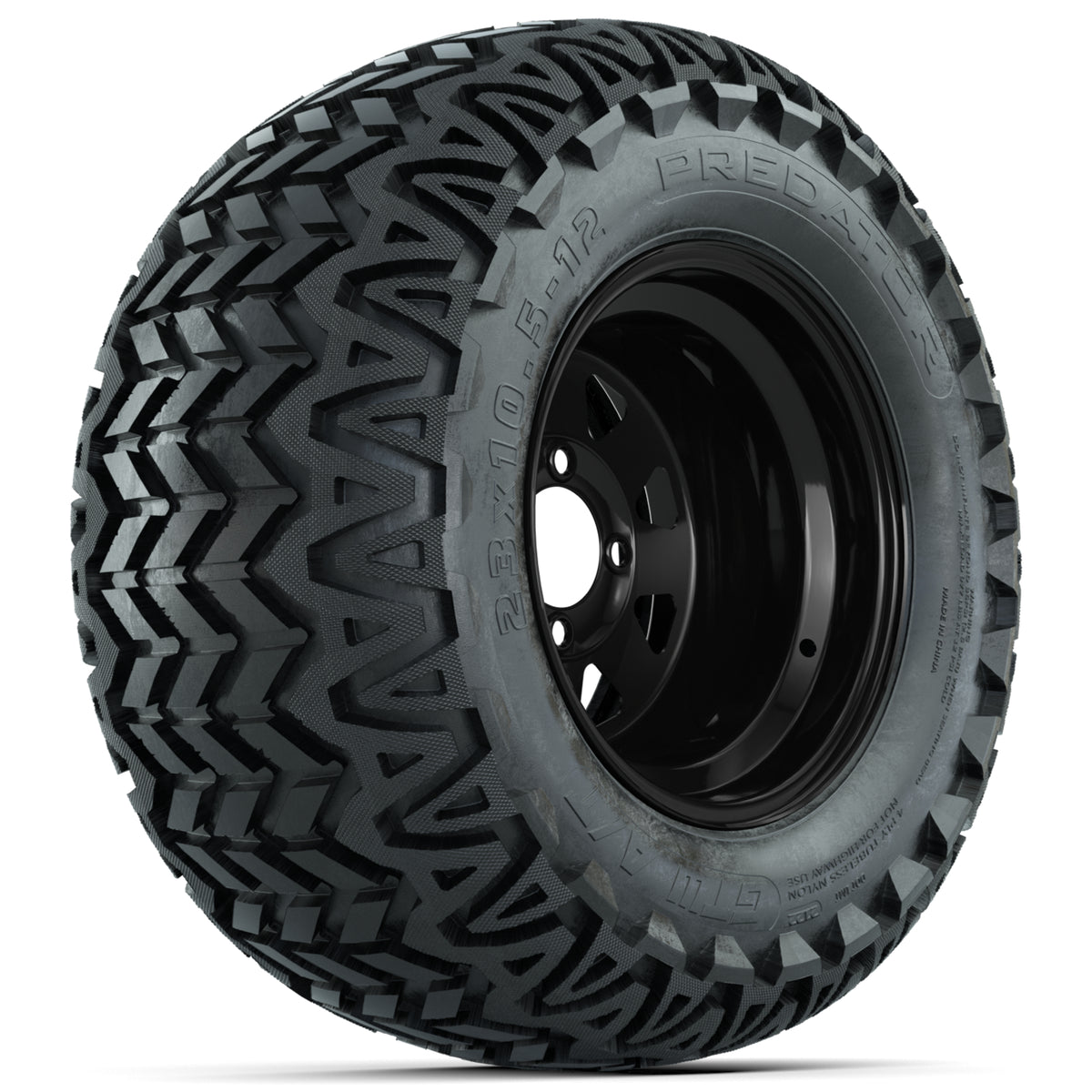 12" Gloss Black Steel Spoke Golf Cart Wheels & 23x10.5x12 Predator All Terrain Tires – Set of 4