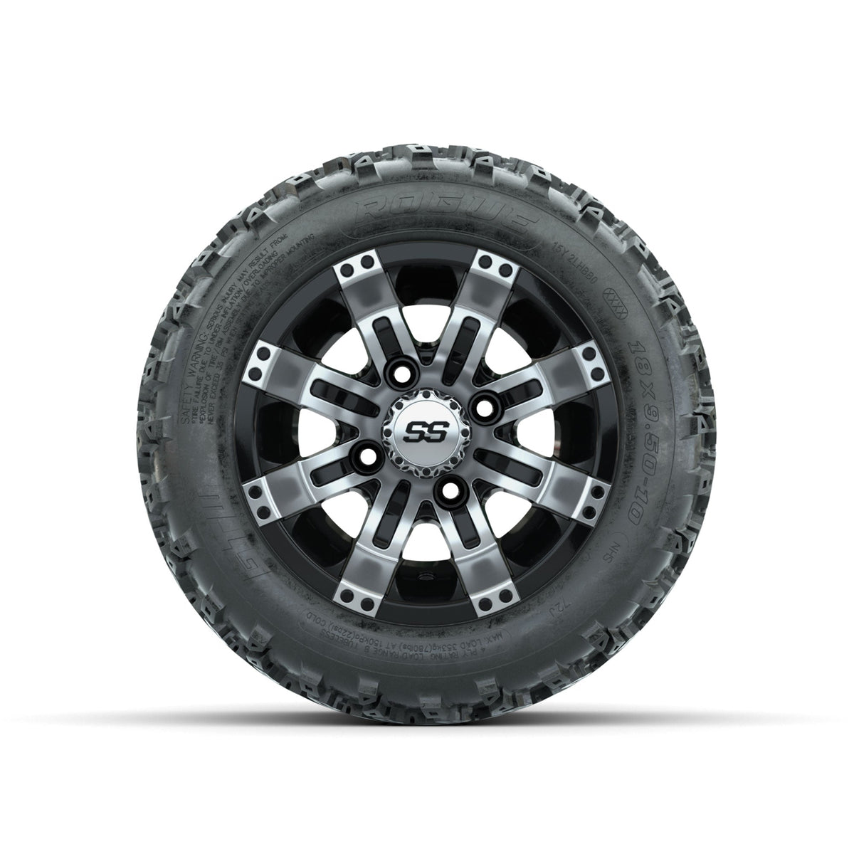 GTW Tempest Machined/Black 10 in Wheels with 18x9.50-10 Rogue All Terrain Tires Full Set