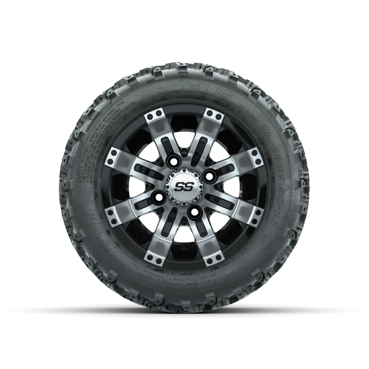 GTW Tempest Machined/Black 10 in Wheels with 18x9.50-10 Rogue All Terrain Tires Full Set