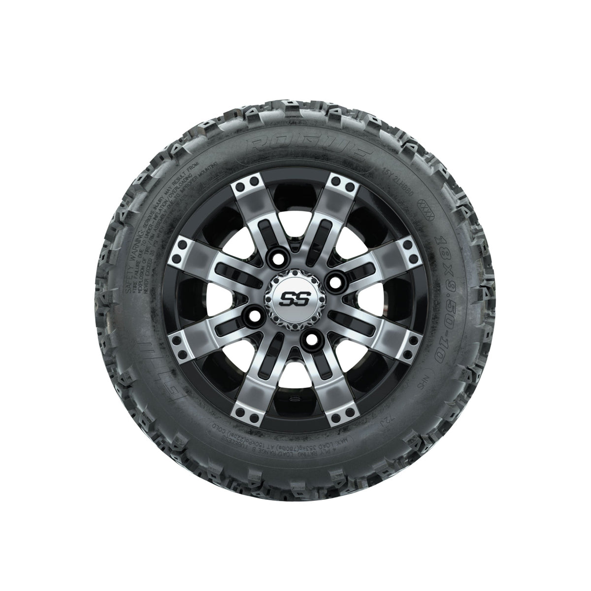 GTW Tempest Machined/Black 10 in Wheels with 18x9.50-10 Rogue All Terrain Tires Full Set