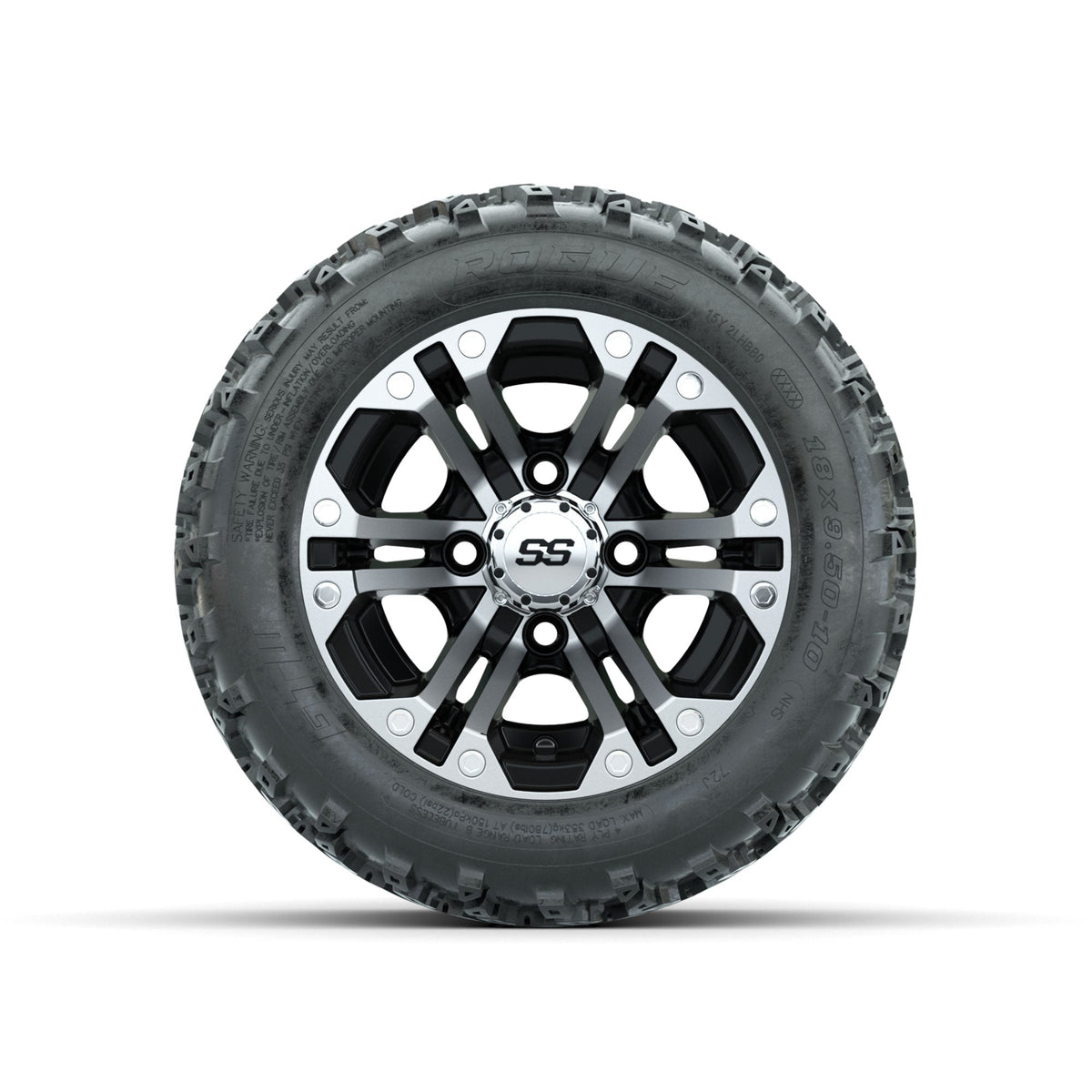 GTW Specter Machined/Black 10 in Wheels with 18x9.50-10 Rogue All Terrain Tires Full Set