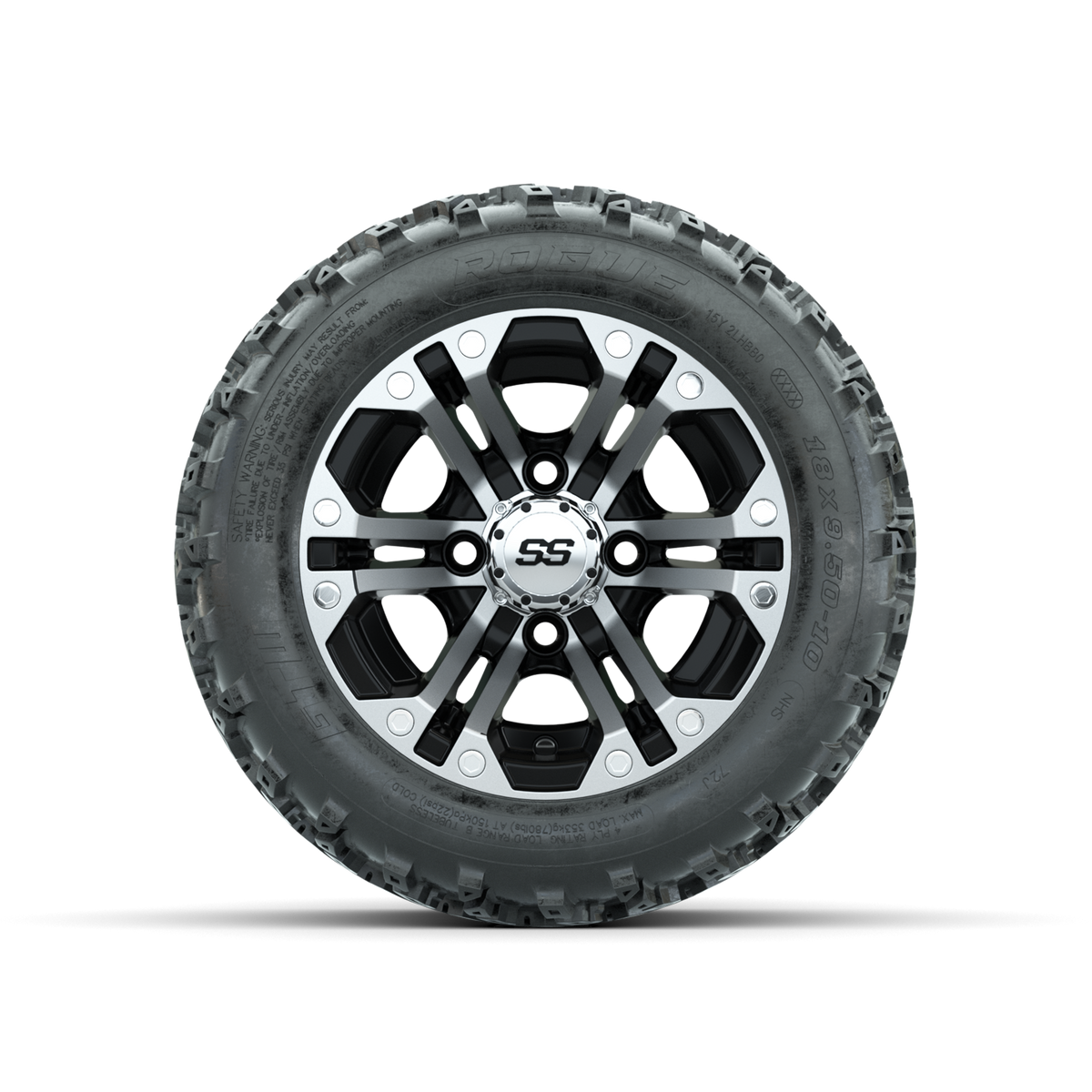 GTW Specter Machined/Black 10 in Wheels with 18x9.50-10 Rogue All Terrain Tires Full Set