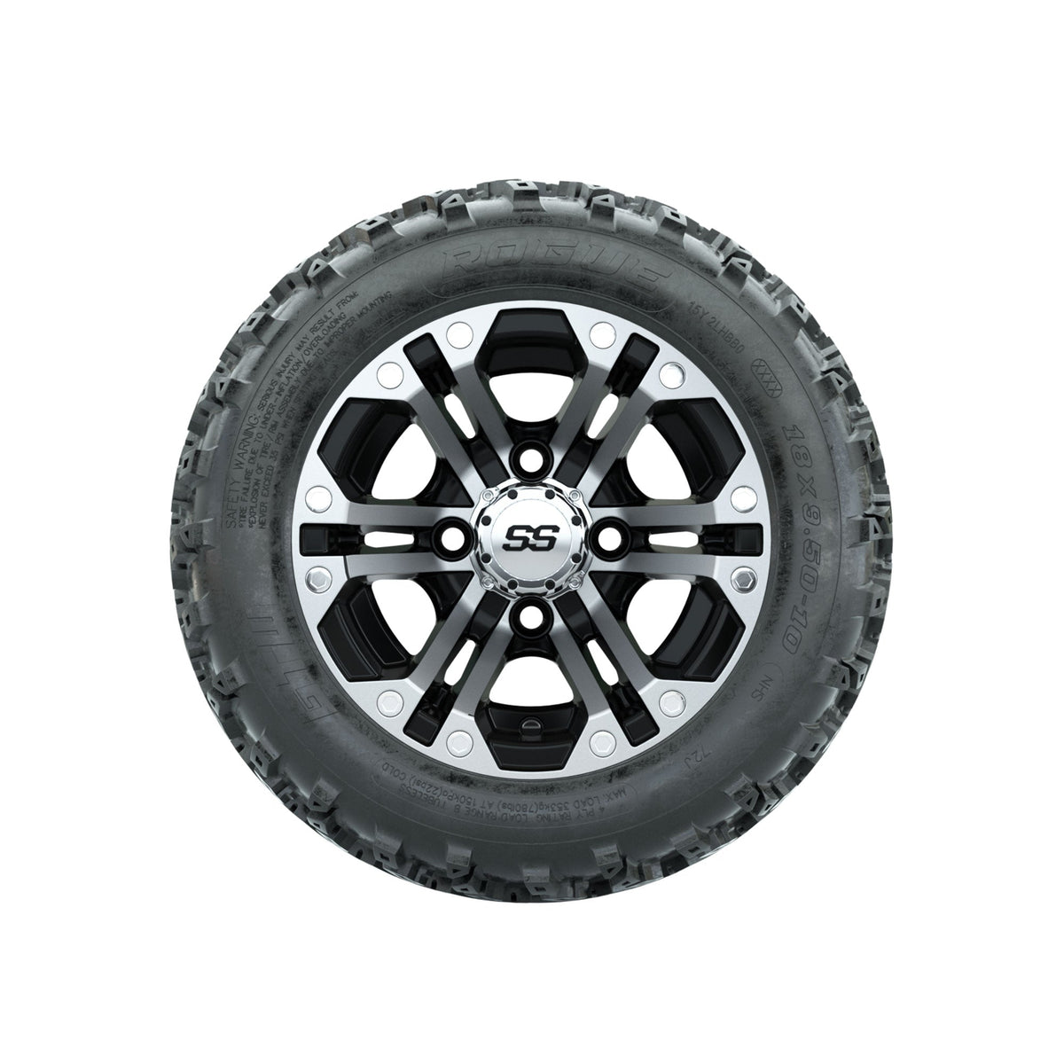 GTW Specter Machined/Black 10 in Wheels with 18x9.50-10 Rogue All Terrain Tires Full Set