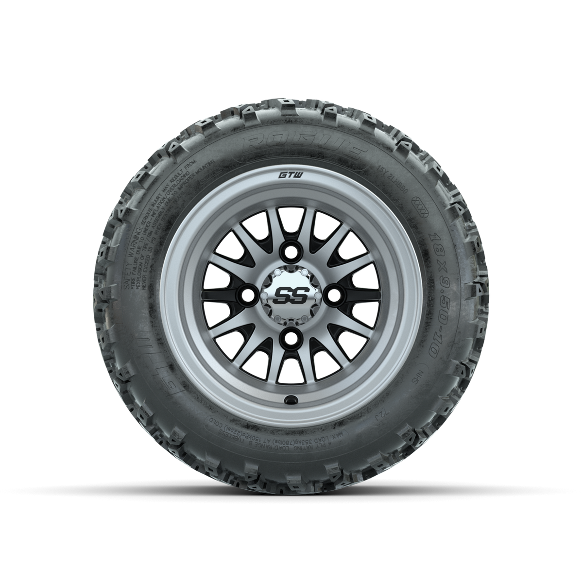 GTW Medusa Machined/Black 10 in Wheels with 18x9.50-10 Rogue All Terrain Tires Full Set