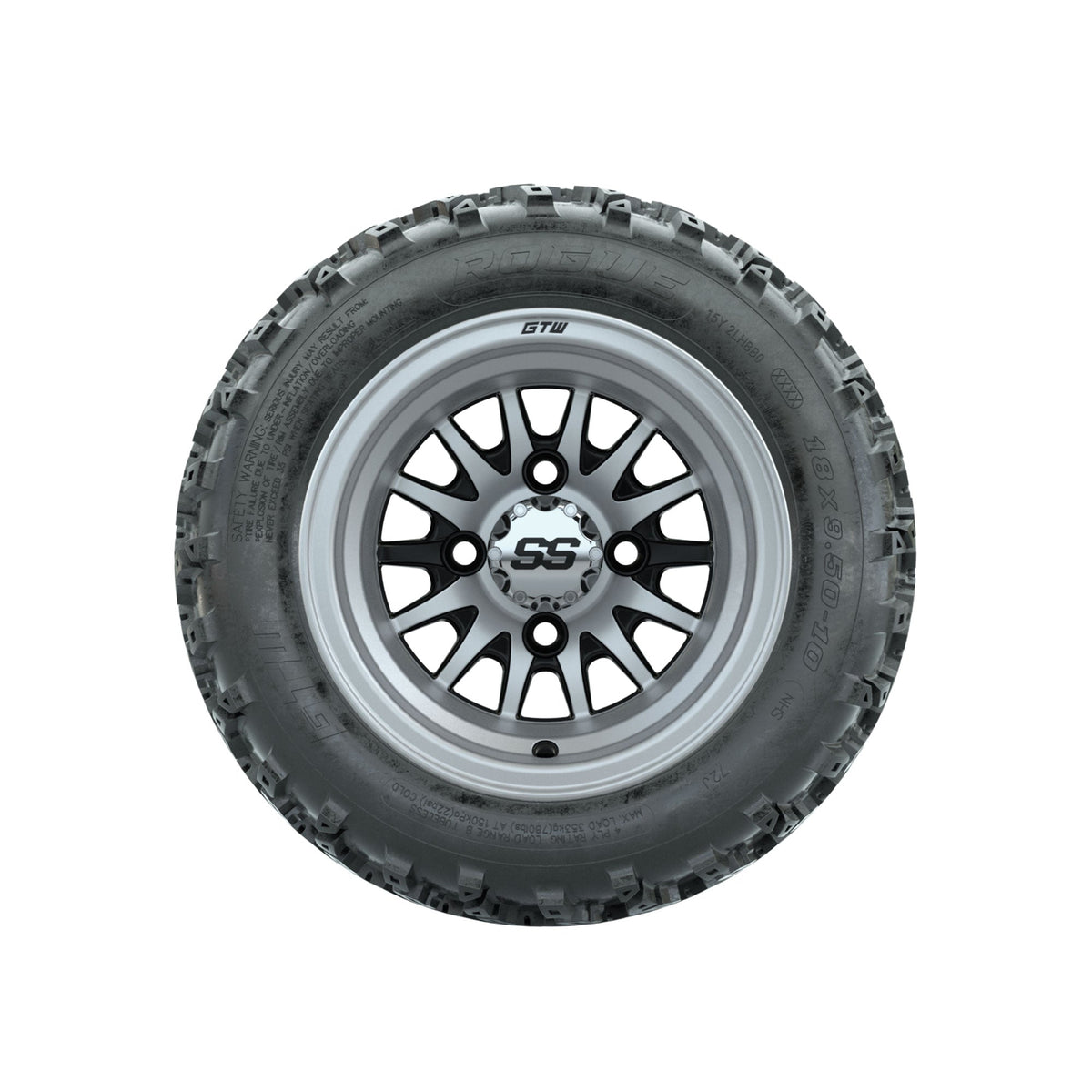 GTW Medusa Machined/Black 10 in Wheels with 18x9.50-10 Rogue All Terrain Tires Full Set