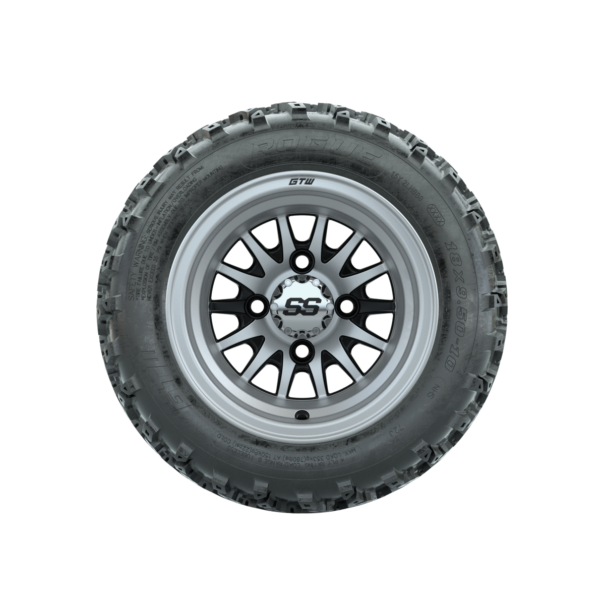 GTW Medusa Machined/Black 10 in Wheels with 18x9.50-10 Rogue All Terrain Tires Full Set