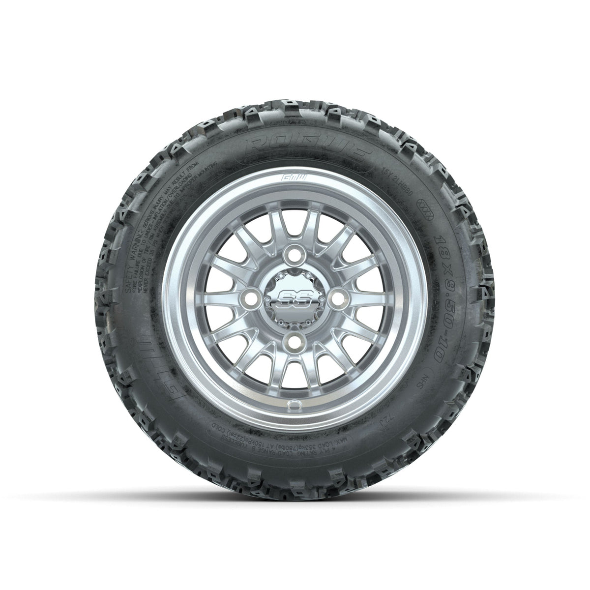 GTW Medusa Machined/Silver 10 in Wheels with 18x9.50-10 Rogue All Terrain Tires Full Set