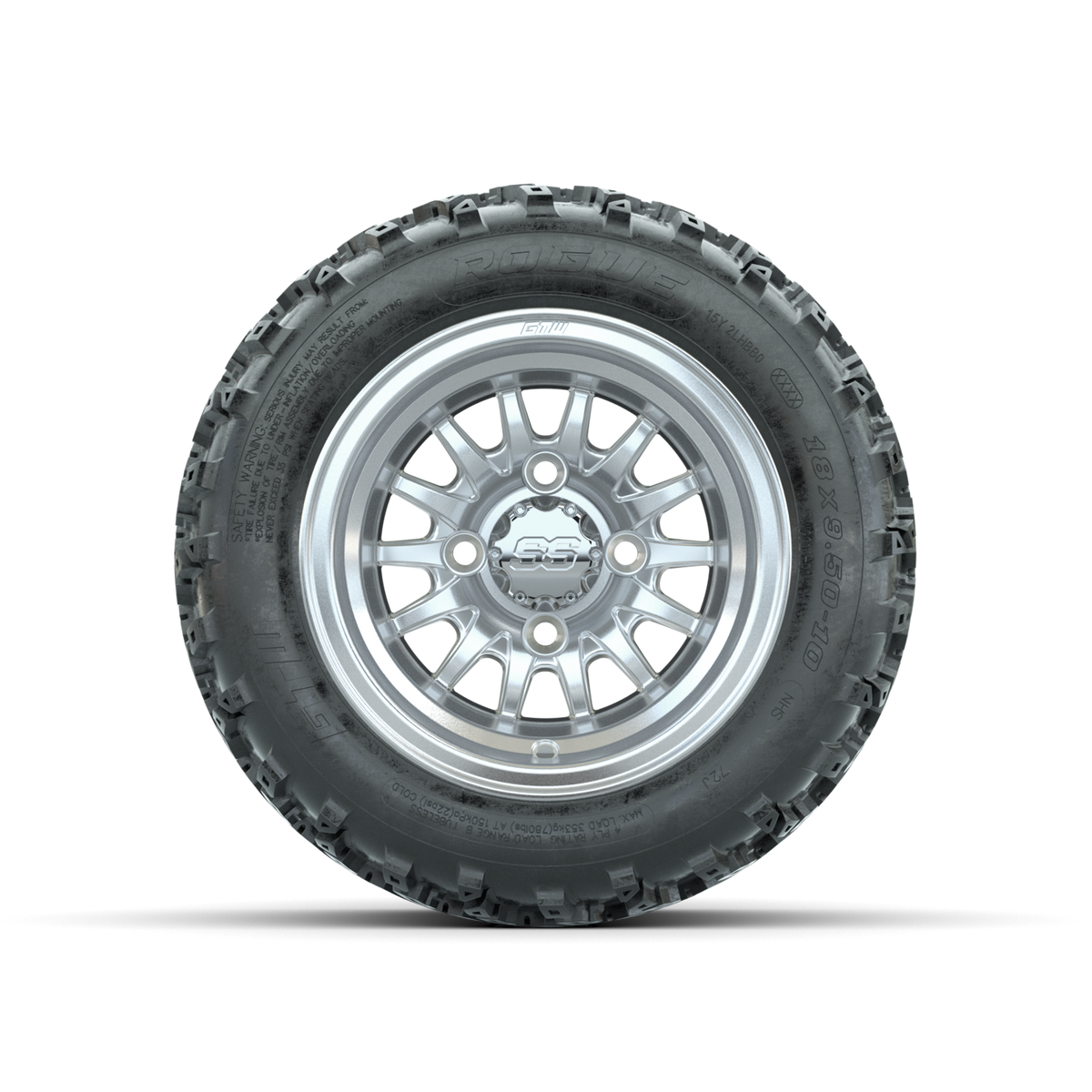 GTW Medusa Machined/Silver 10 in Wheels with 18x9.50-10 Rogue All Terrain Tires Full Set