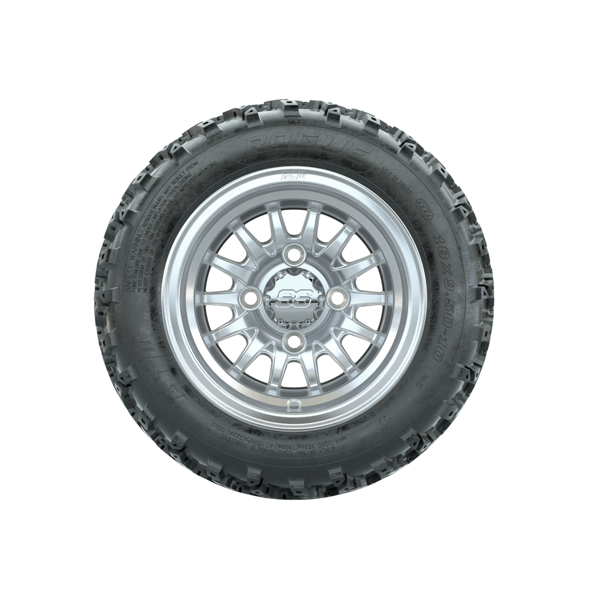 GTW Medusa Machined/Silver 10 in Wheels with 18x9.50-10 Rogue All Terrain Tires Full Set