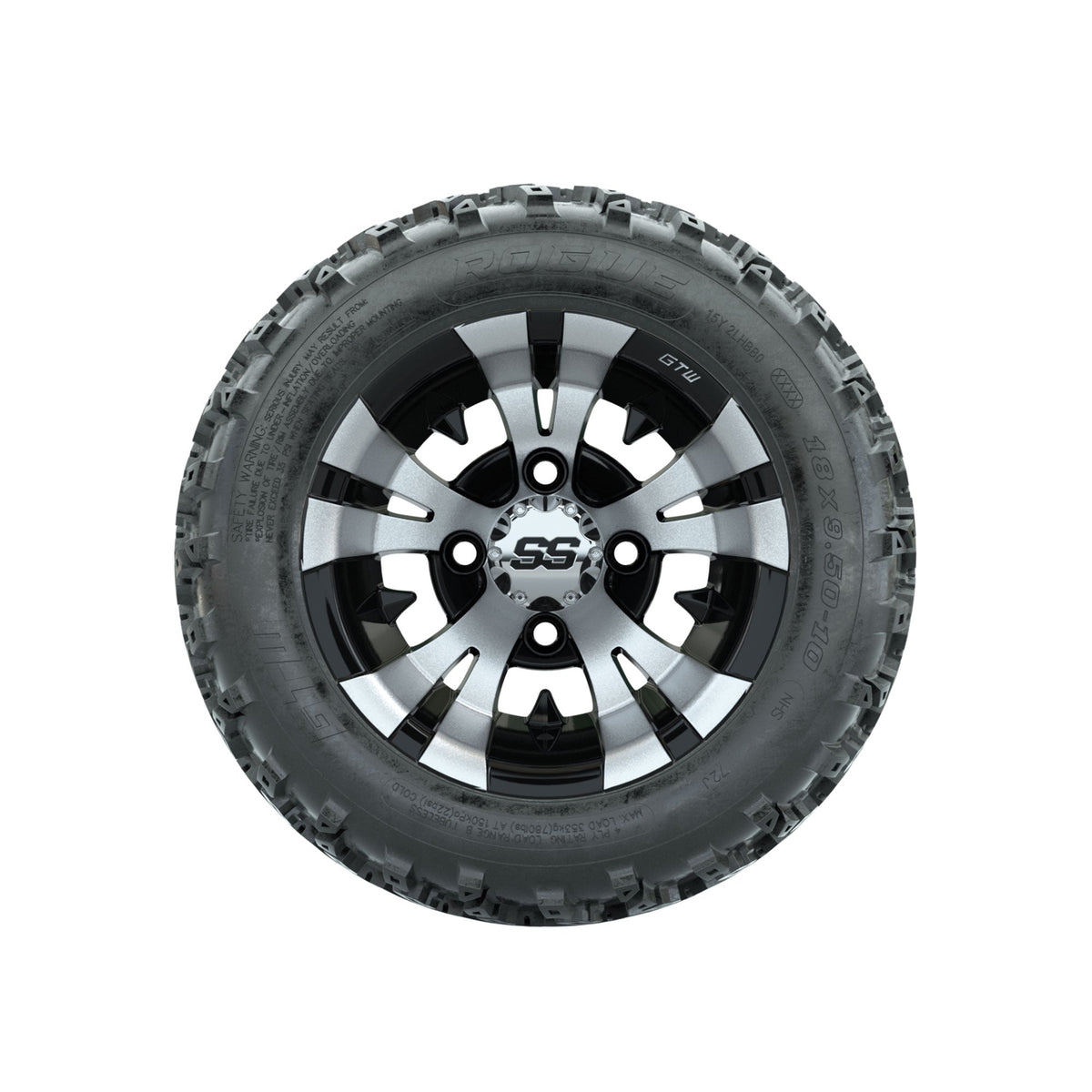 GTW Vampire Machined/Black 10 in Wheels with 18x9.50-10 Rogue All Terrain Tires Full Set