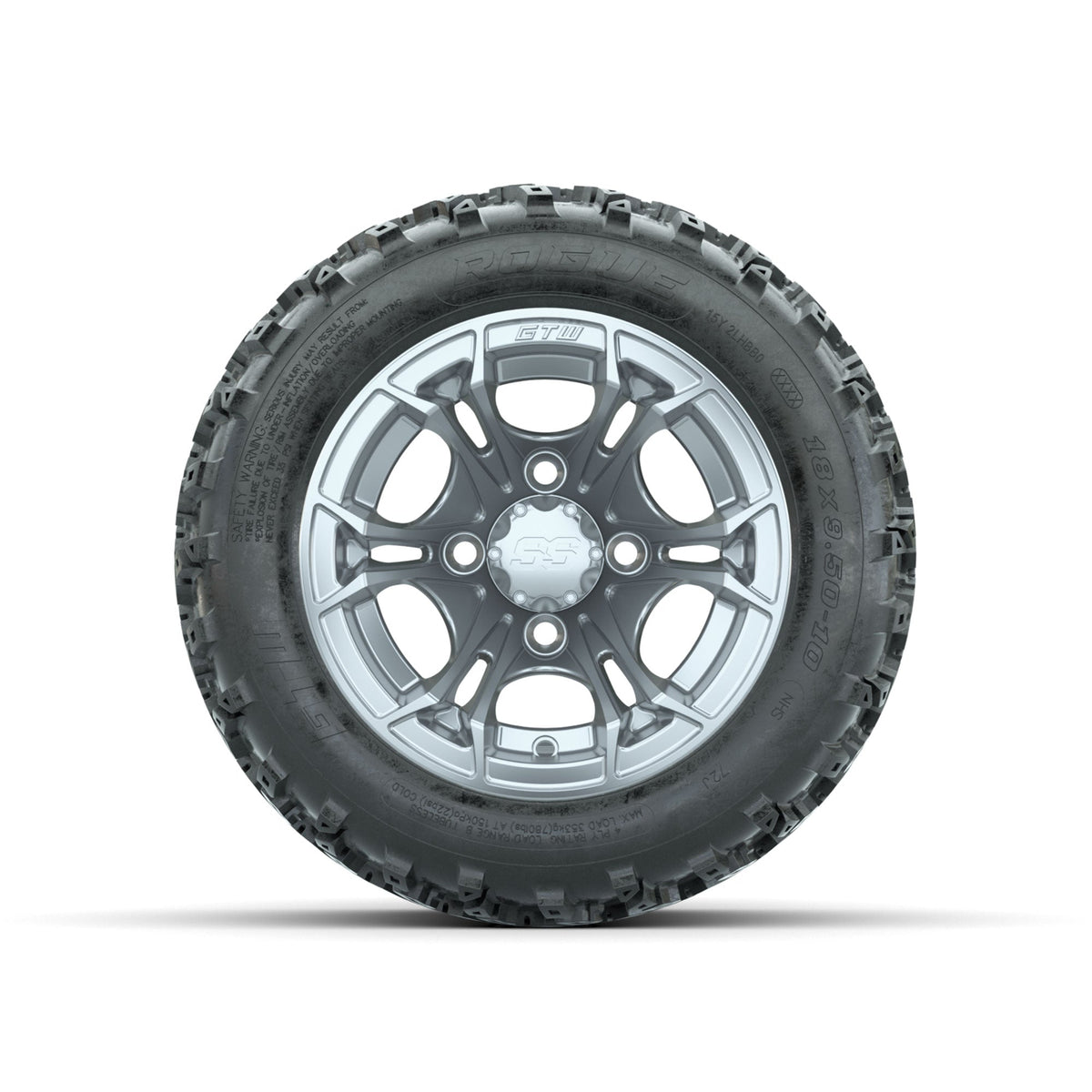 GTW Spyder Silver 10 in Wheels with 18x9.50-10 Rogue All Terrain Tires Full Set