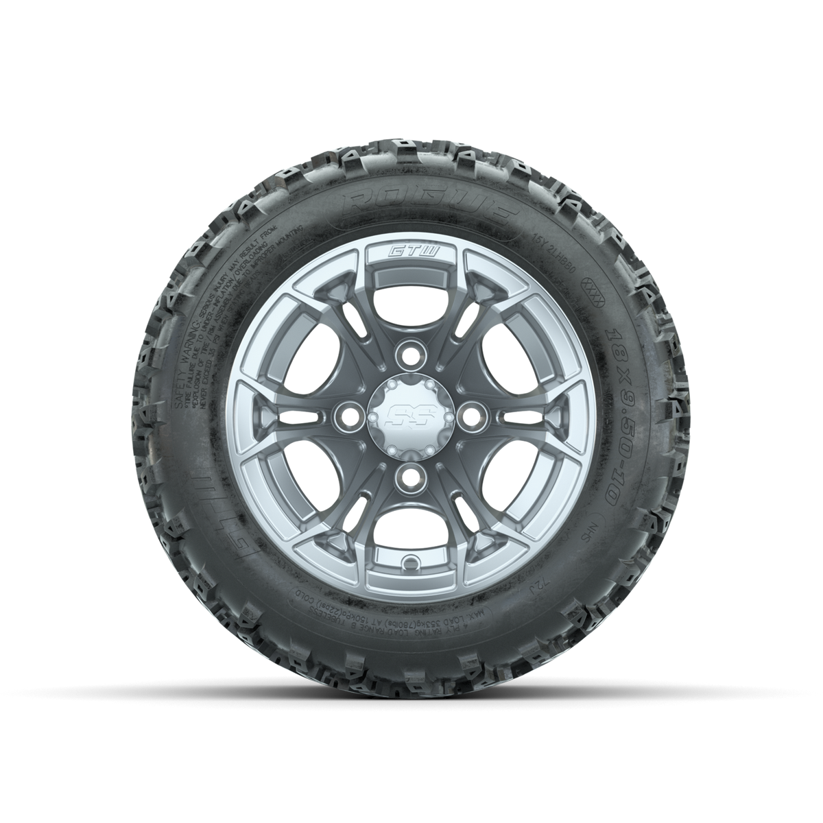 GTW Spyder Silver 10 in Wheels with 18x9.50-10 Rogue All Terrain Tires Full Set