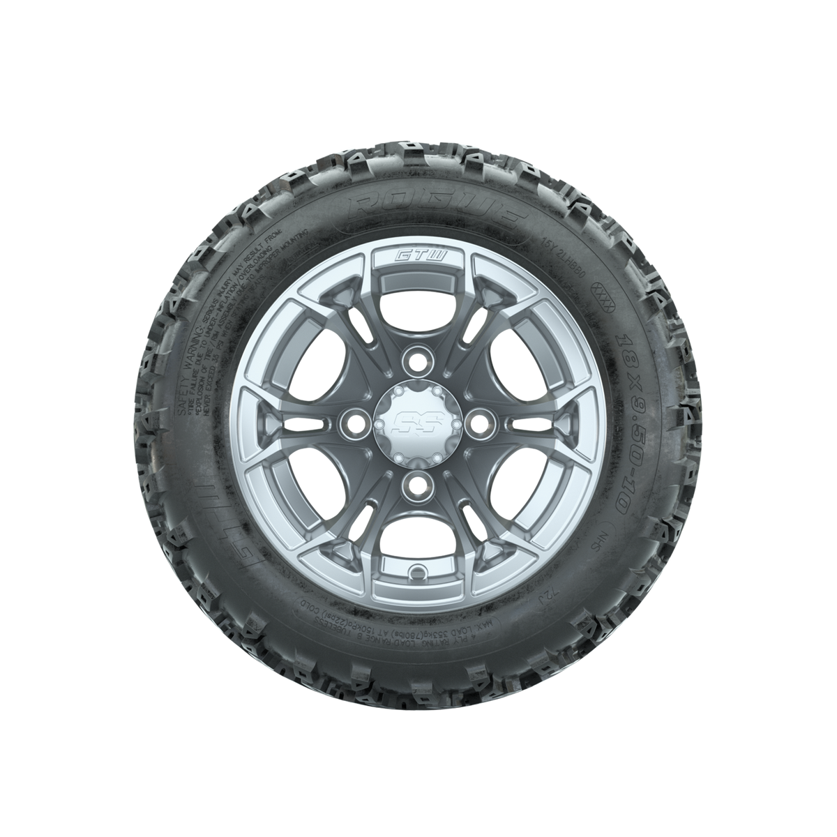 GTW Spyder Silver 10 in Wheels with 18x9.50-10 Rogue All Terrain Tires Full Set