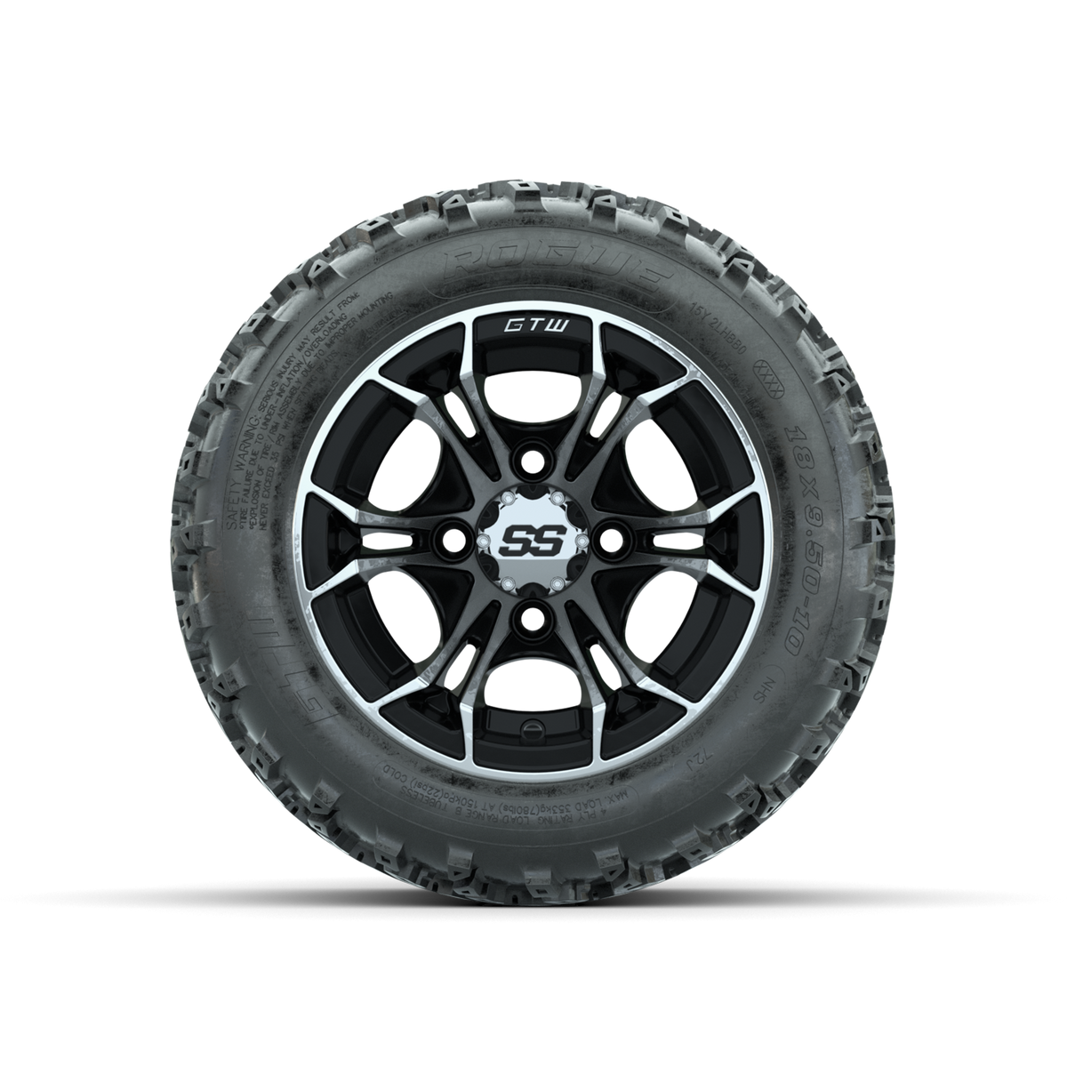 GTW Spyder Machined/Black 10 in Wheels with 18x9.50-10 Rogue All Terrain Tires Full Set