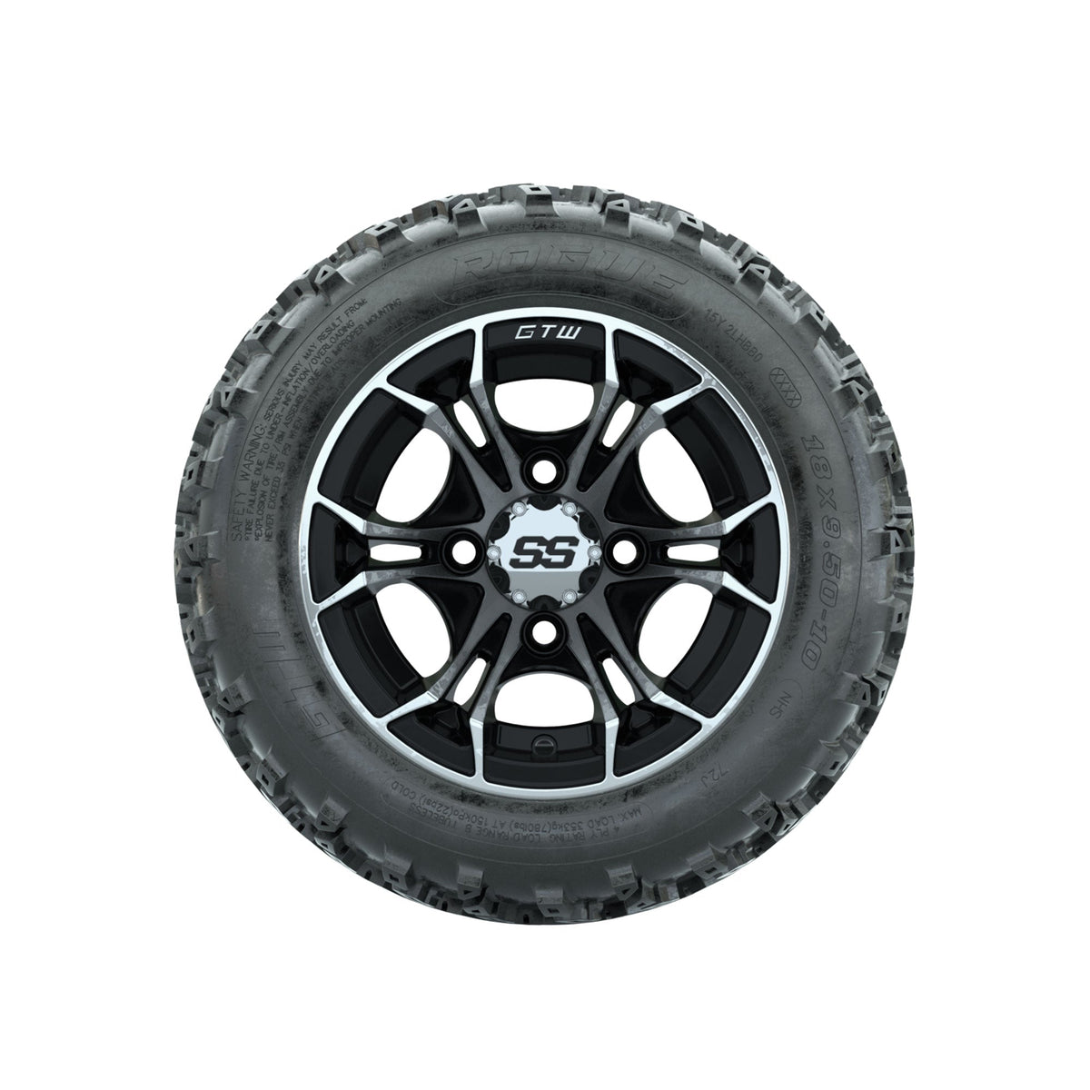 GTW Spyder Machined/Black 10 in Wheels with 18x9.50-10 Rogue All Terrain Tires Full Set