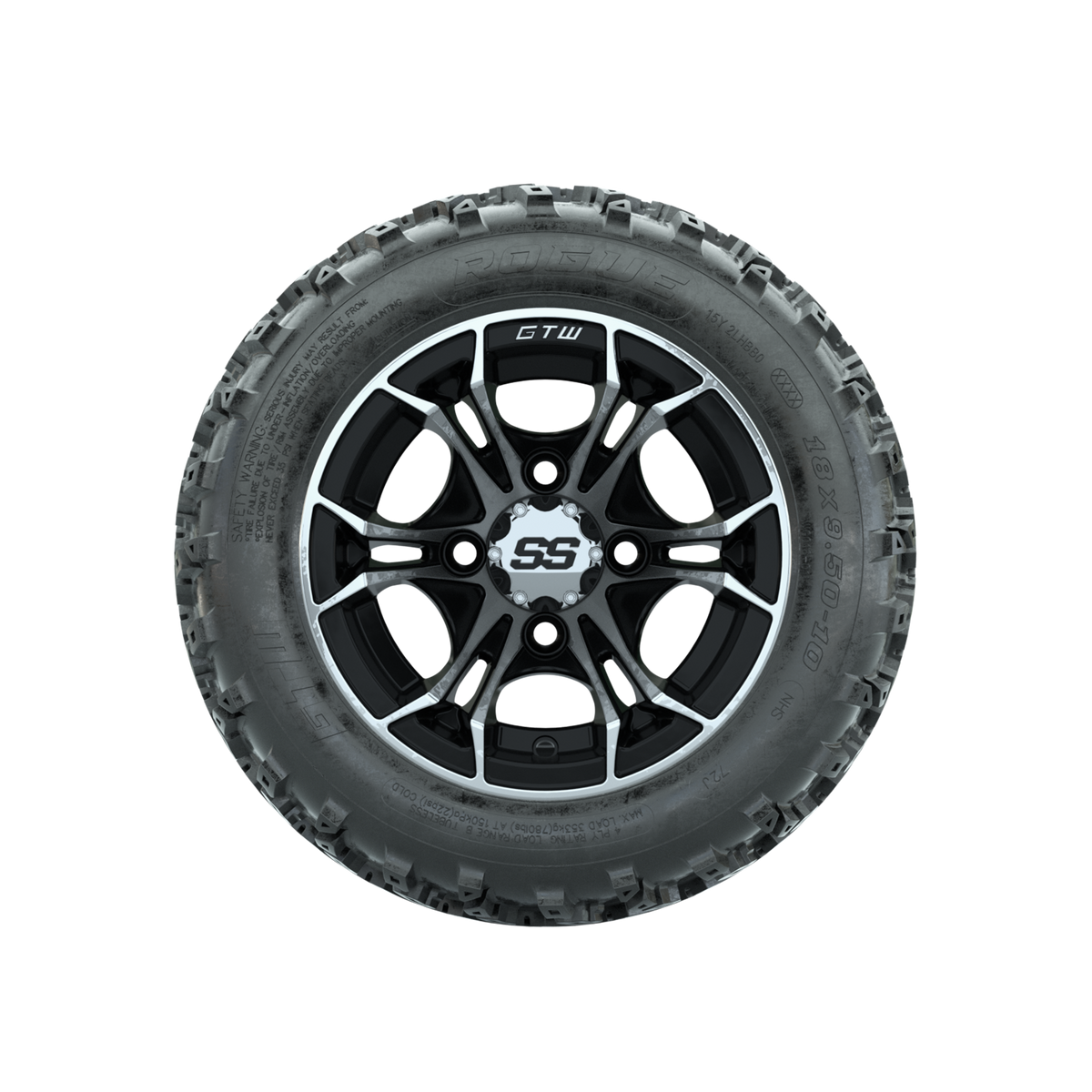 GTW Spyder Machined/Black 10 in Wheels with 18x9.50-10 Rogue All Terrain Tires Full Set
