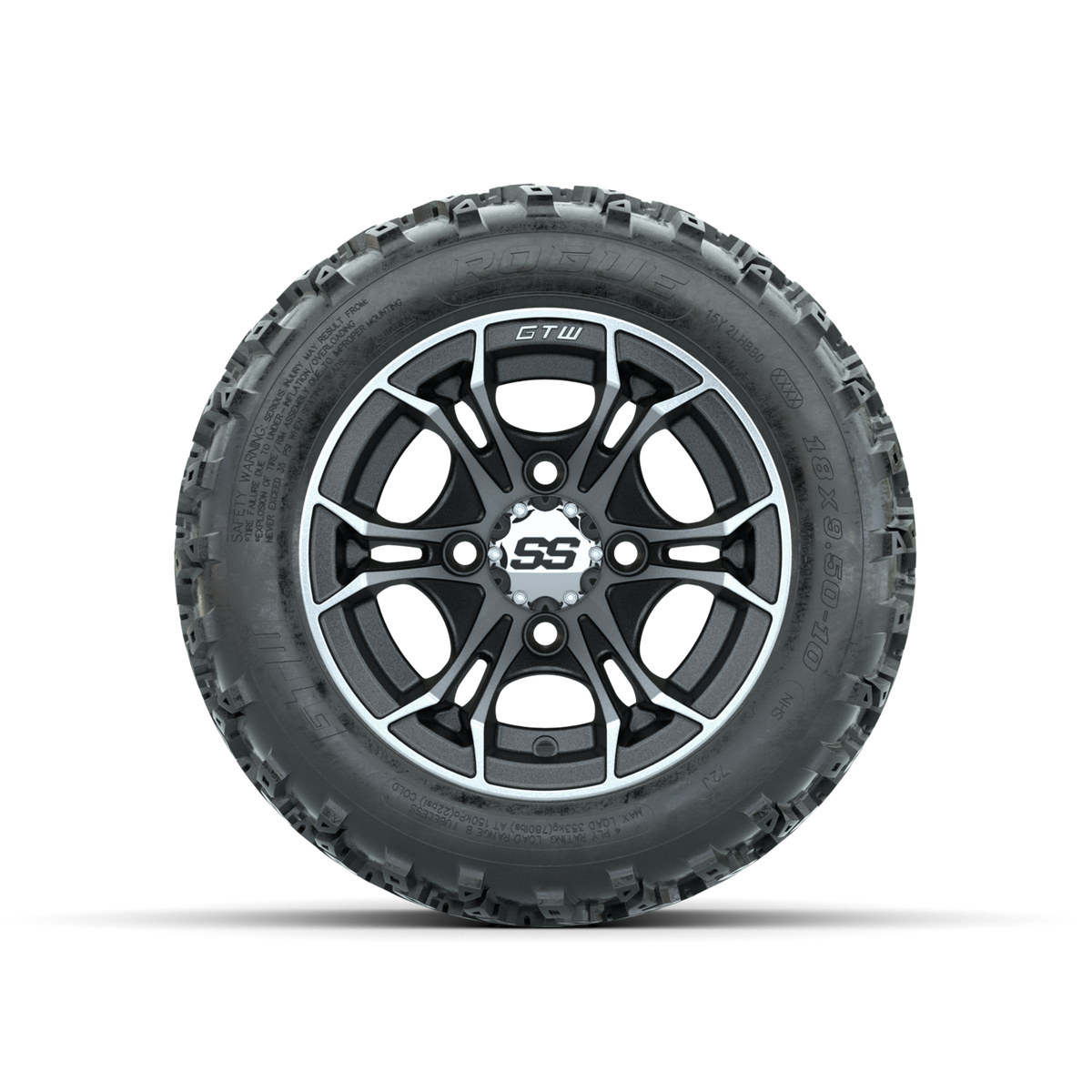 GTW Spyder Machined/Matte Grey 10 in Wheels with 18x9.50-10 Rogue All Terrain Tires Full Set
