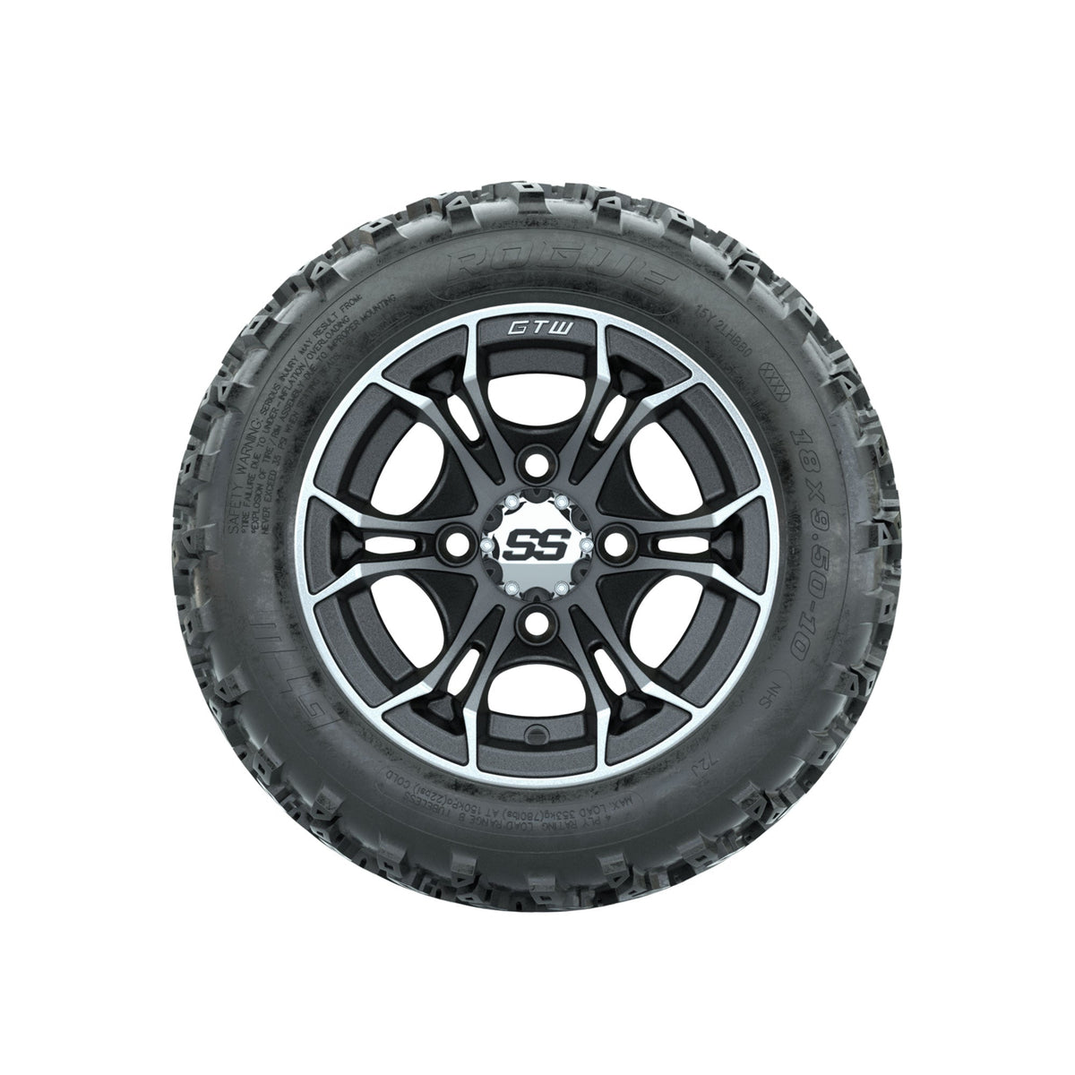 GTW Spyder Machined/Matte Grey 10 in Wheels with 18x9.50-10 Rogue All Terrain Tires Full Set