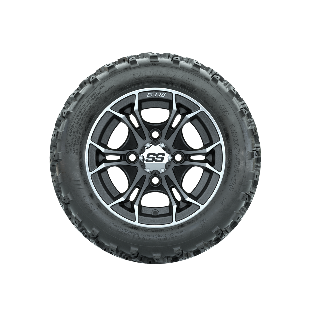GTW Spyder Machined/Matte Grey 10 in Wheels with 18x9.50-10 Rogue All Terrain Tires Full Set
