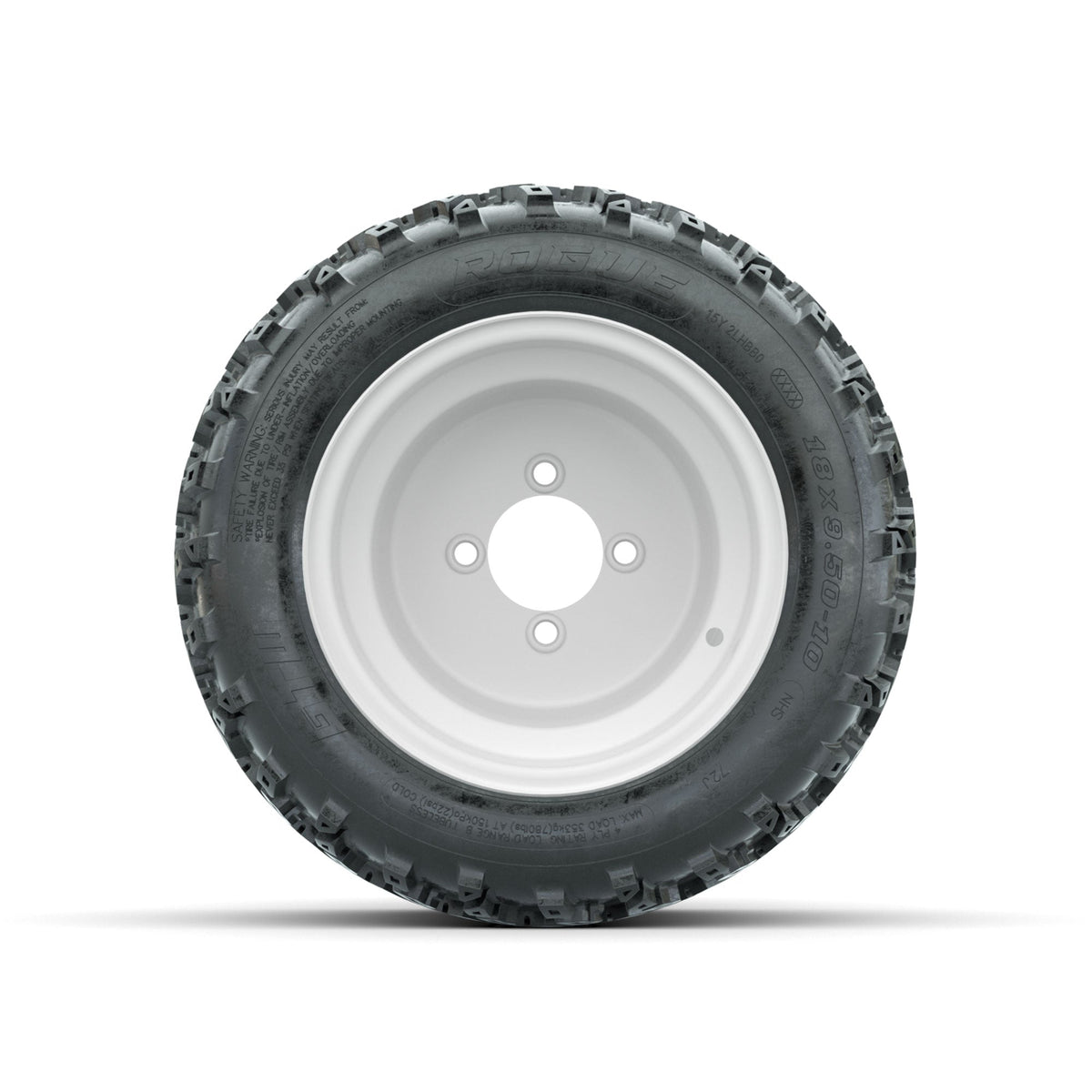 GTW Steel White 3:5 Offset 10 in Wheels with 18x9.50-10 Rogue All Terrain Tires Full Set