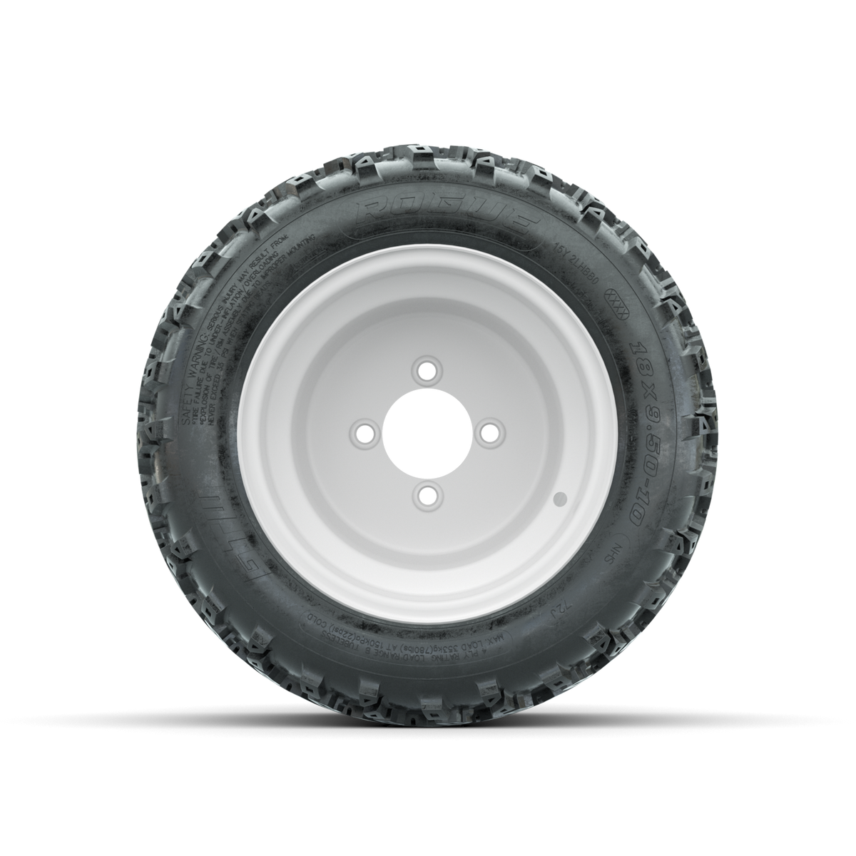 GTW Steel White 3:5 Offset 10 in Wheels with 18x9.50-10 Rogue All Terrain Tires Full Set