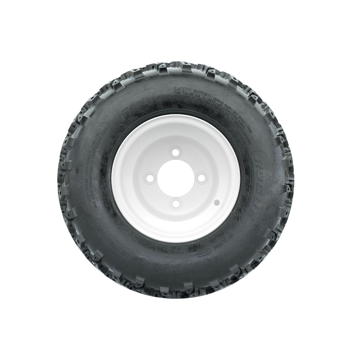 GTW Steel White 2:5 Offset 8 in Wheels with 18x9.50-8 Rogue All Terrain Tires Full Set