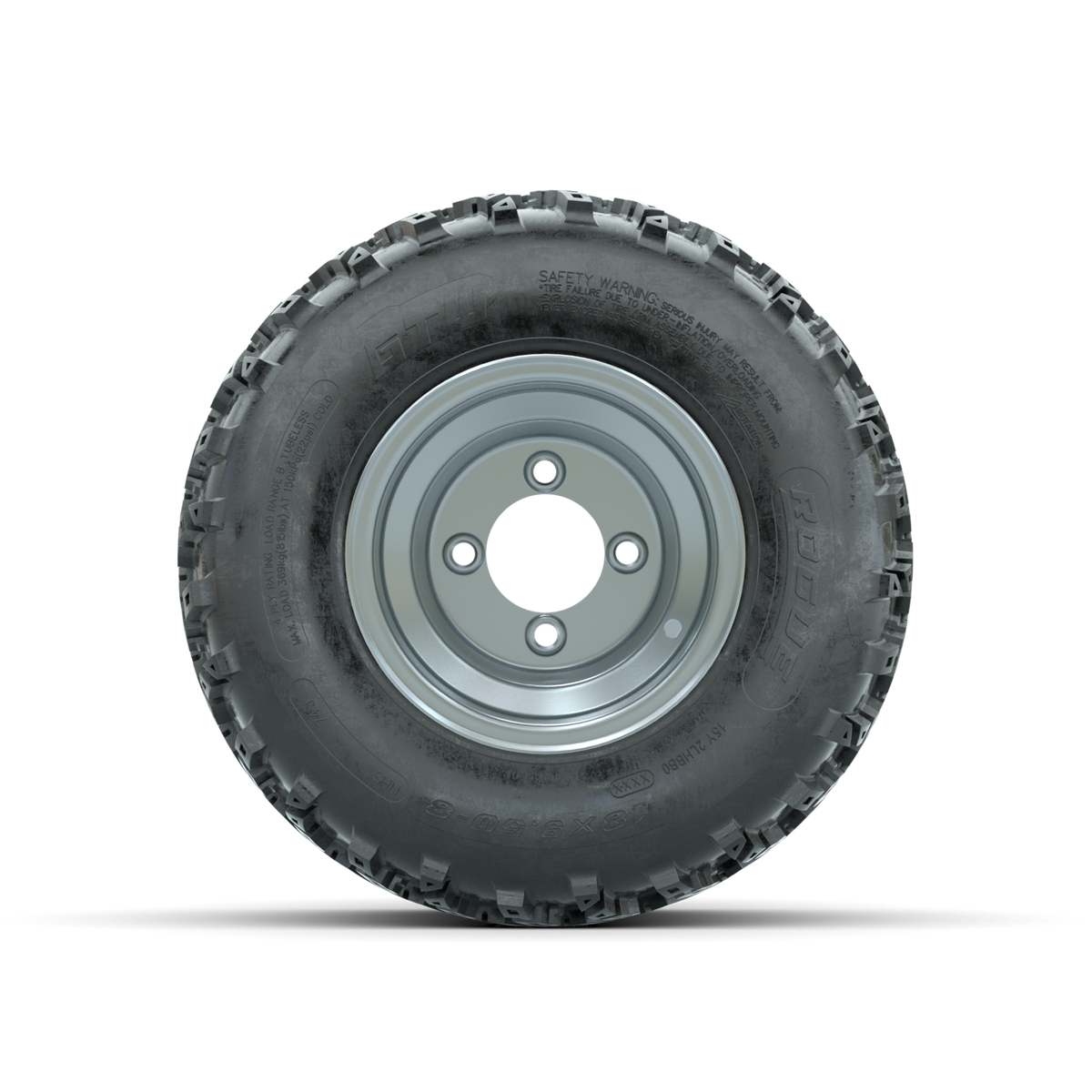 GTW Steel Silver Centered 8 in Wheels with 18x9.50-8 Rogue All Terrain Tires Full Set