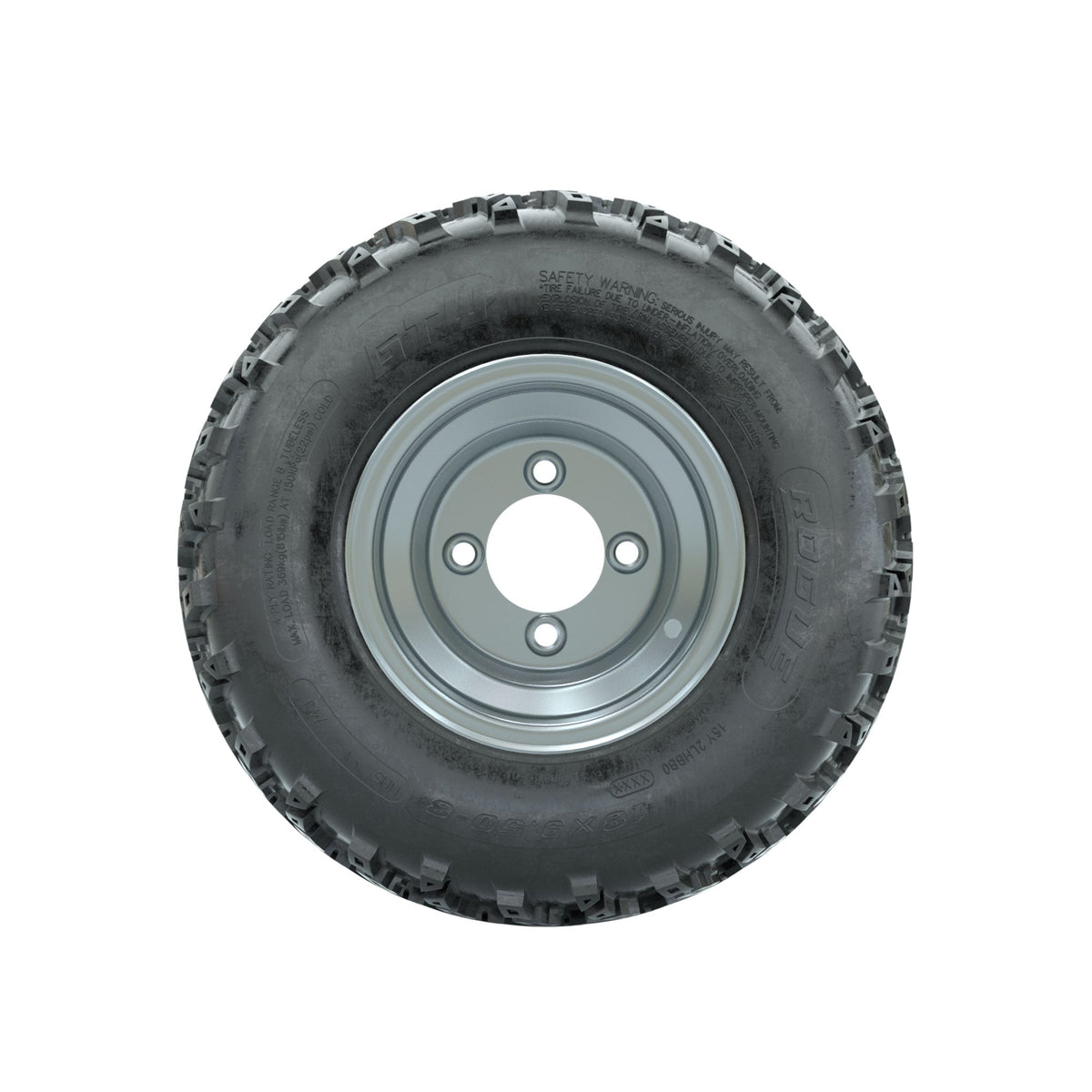 GTW Steel Silver Centered 8 in Wheels with 18x9.50-8 Rogue All Terrain Tires Full Set