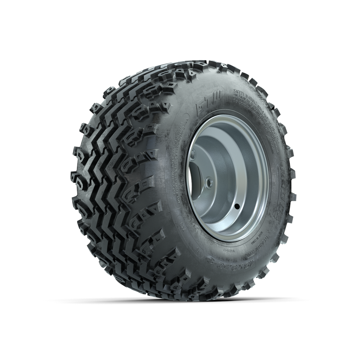 GTW Steel Silver Centered 8 in Wheels with 18x9.50-8 Rogue All Terrain Tires Full Set