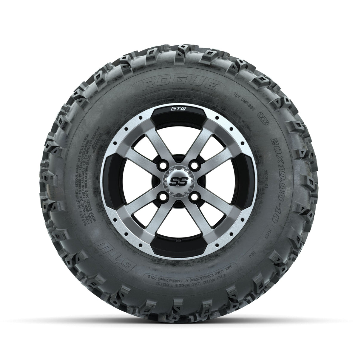 GTW Storm Trooper Machined/Black 10 in Wheels with 20x10.00-10 Rogue All Terrain Tires Full Set